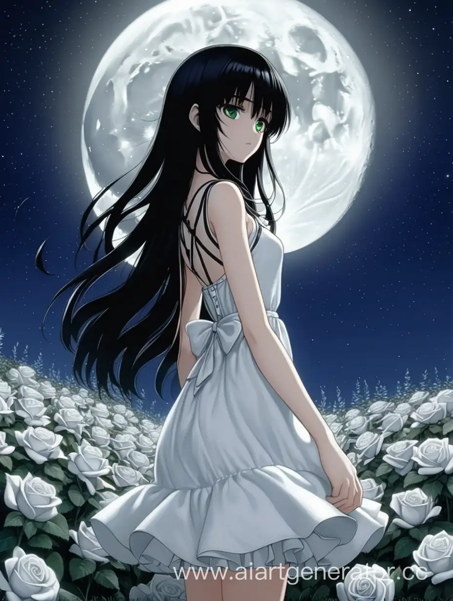 sad anime girl with fair skin, wavy long black hair, green eyes in a short white dress with straps, stands in a field of white roses at night on a full moon, holds a white rose in her hands and looks at the moon, Kaname Kuran stands nearby and looks at the girl