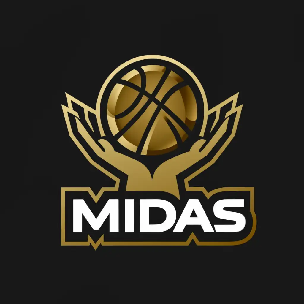 LOGO-Design-For-Midas-NBA-Gold-Hand-Holding-Basketball-on-Black-Background
