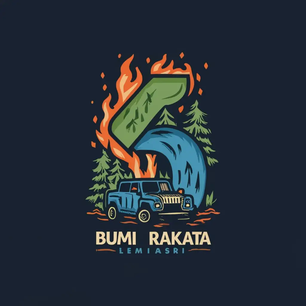 logo, the number six shape with a blue bonfire and jeep in the forest design, with the text "BUMI RAKATA ASRI", typography