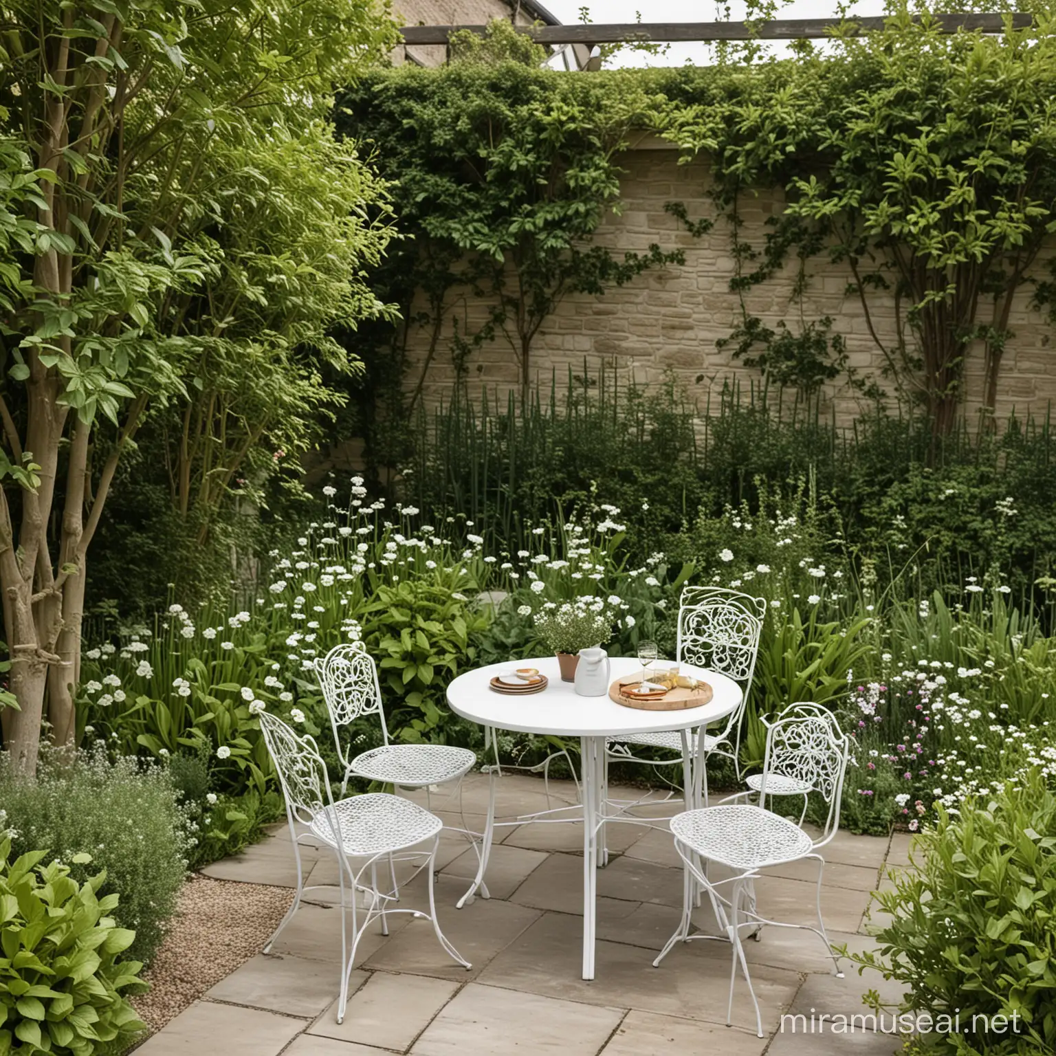 a garden with a white table and three chairs