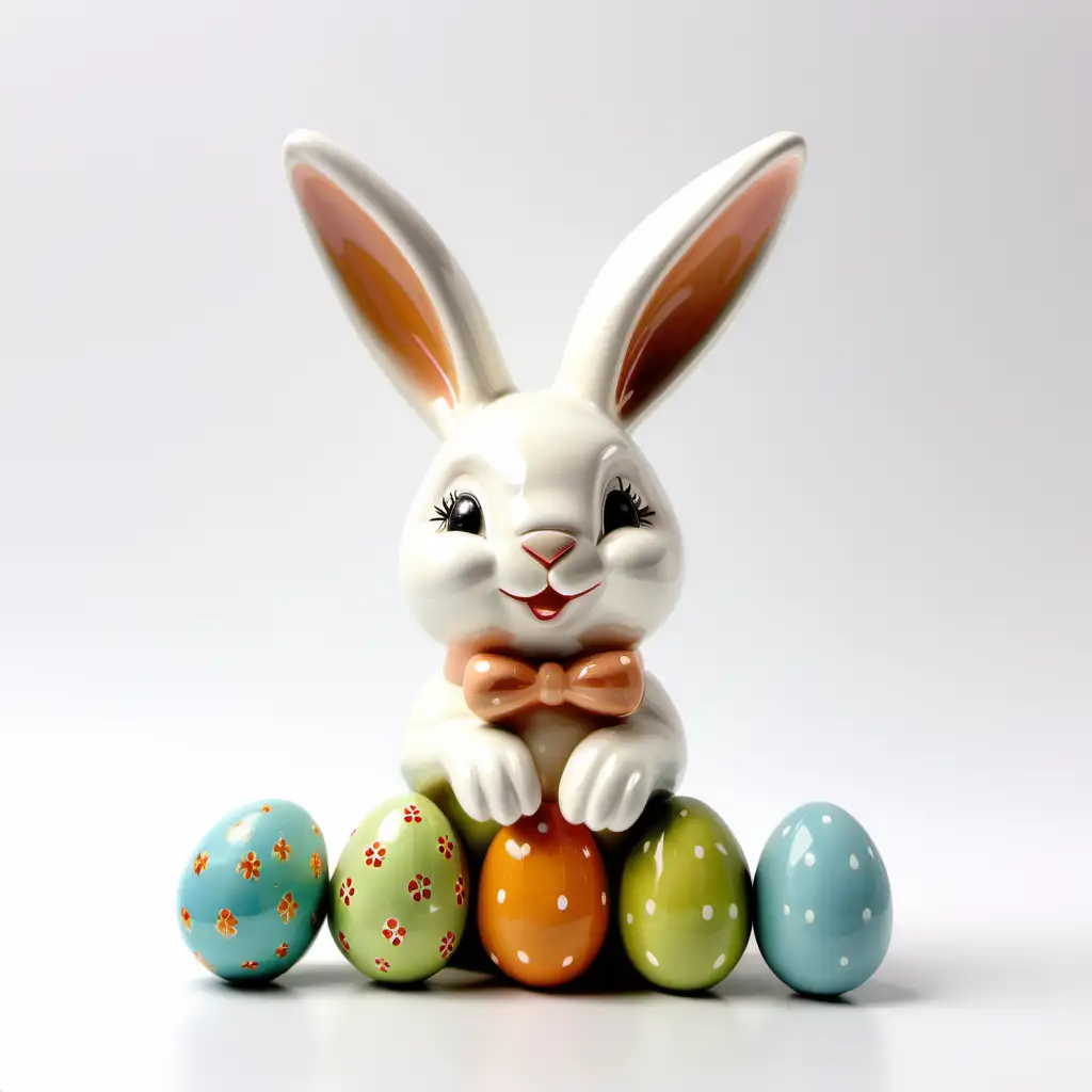 Charming Easter Ceramic Bunny with Eggs on a Crisp White Background