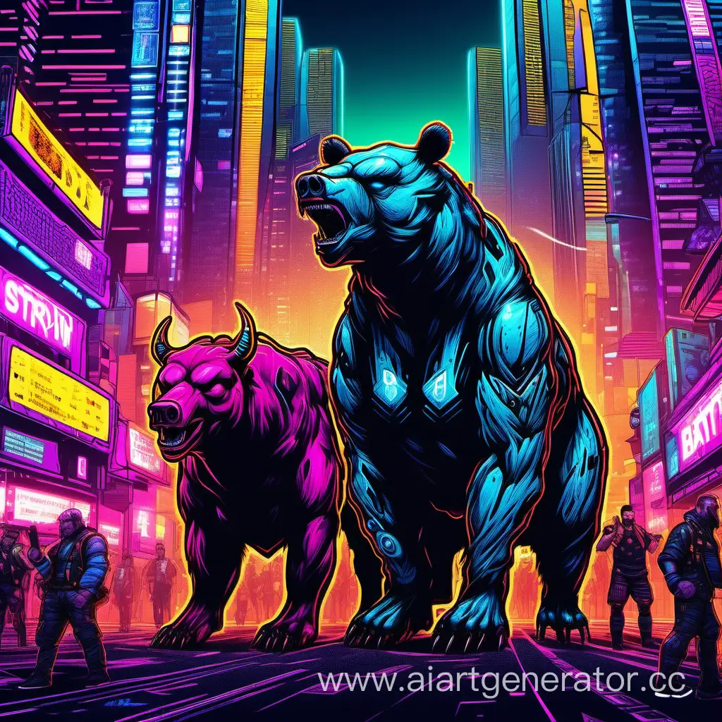 The best quality, the grin, the anger at each other. A bear and a Bull in cyberpunk style stand together and prepare for battle. Cyberpunk style strapping, bold colors and patterns. Stunning cyberpunk urban landscape: skyscrapers, glowing neon signs with crypto exchange charts. LED lights. Intricate details, ultra detailed, cinematic lighting, strong contrast.