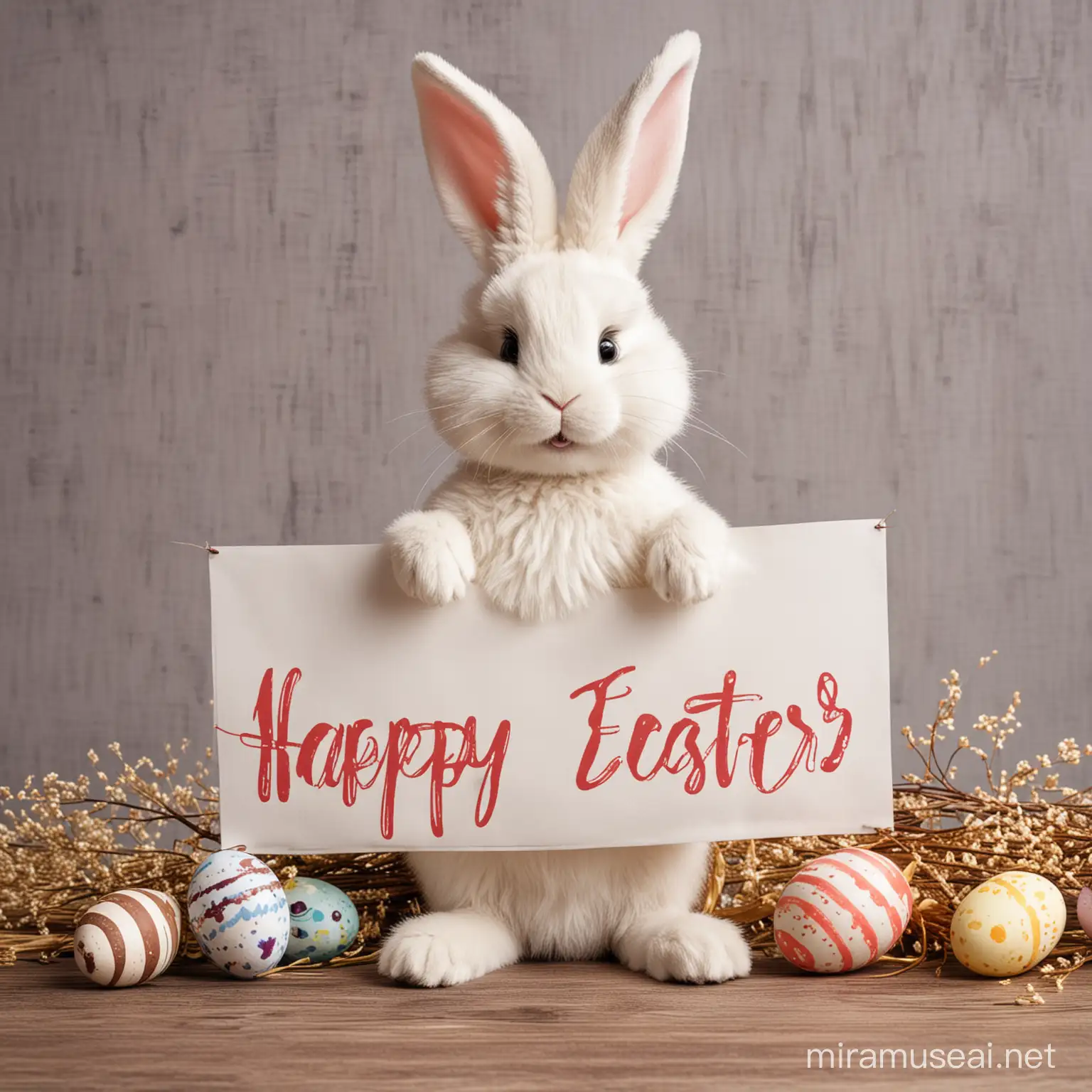 Happy easter bunny with the banner with written words ,, Happy Easter"