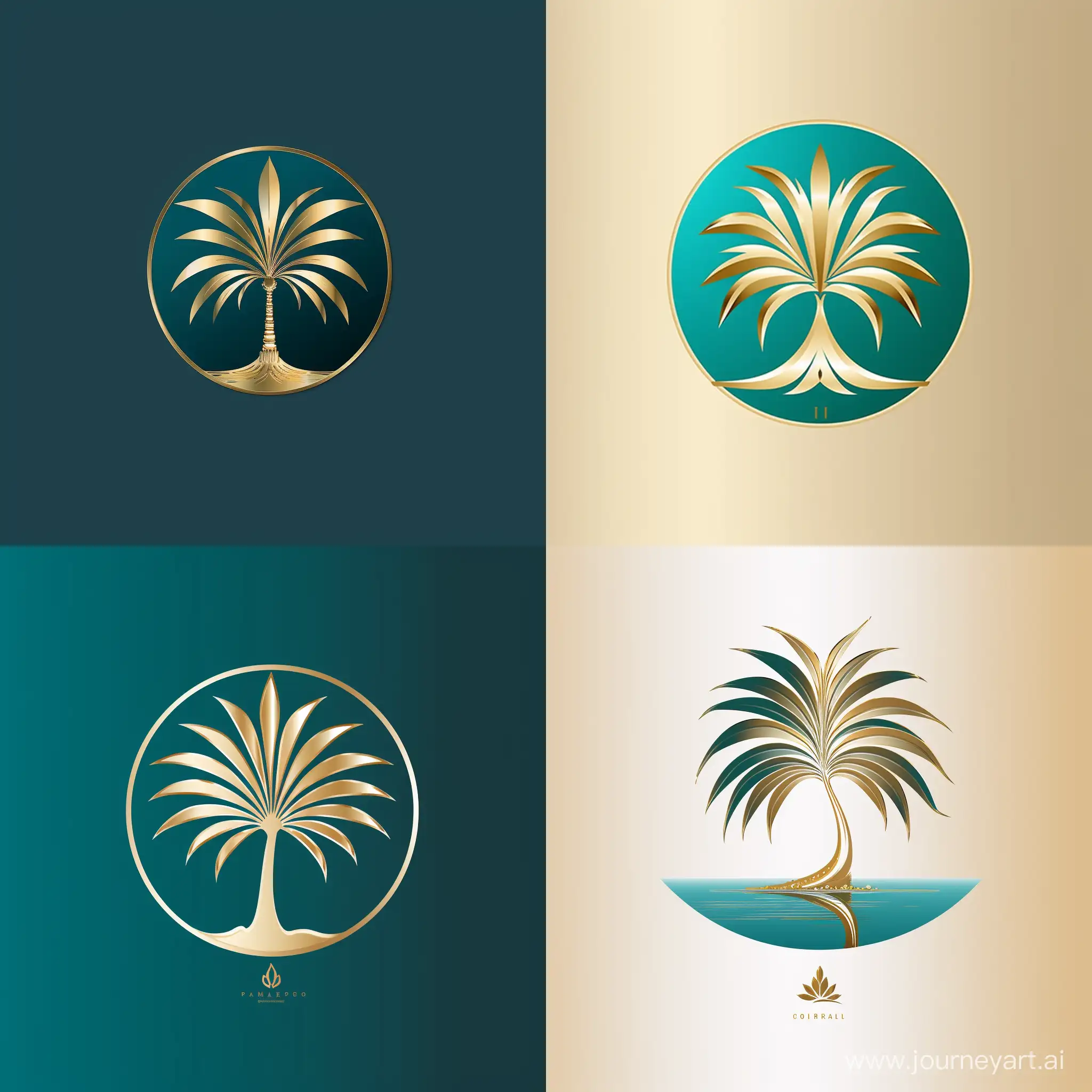 Create a lovely logo of a coconut tree and aloe vera plant in gold and turquoise 