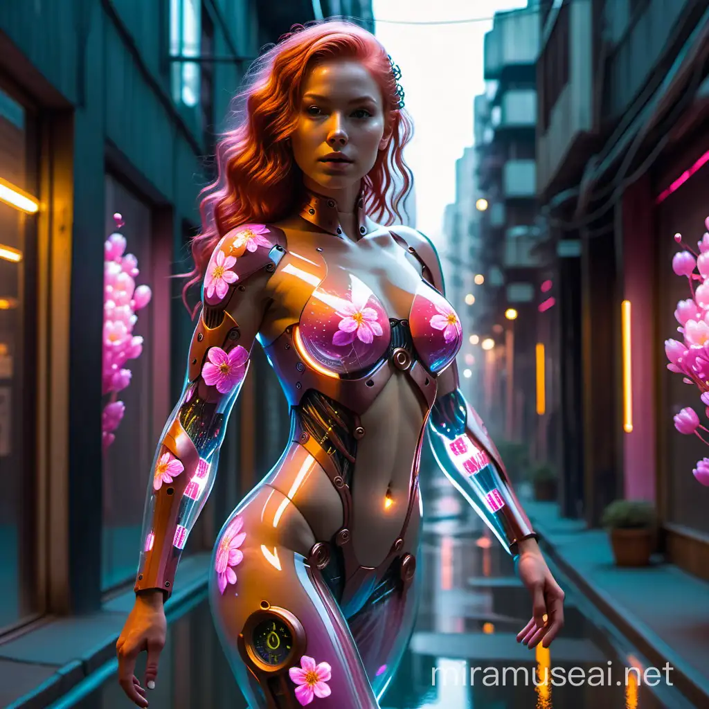 in an alley of a futuristic city at night, a young cyborg woman with a translucent glowing glass body with pink flowers and a clock mechanism fully visible through its translucent glass body, flowing crimson hair, hyper-detailed. glowing translucent glass, amber glow, glass body, smooth movement