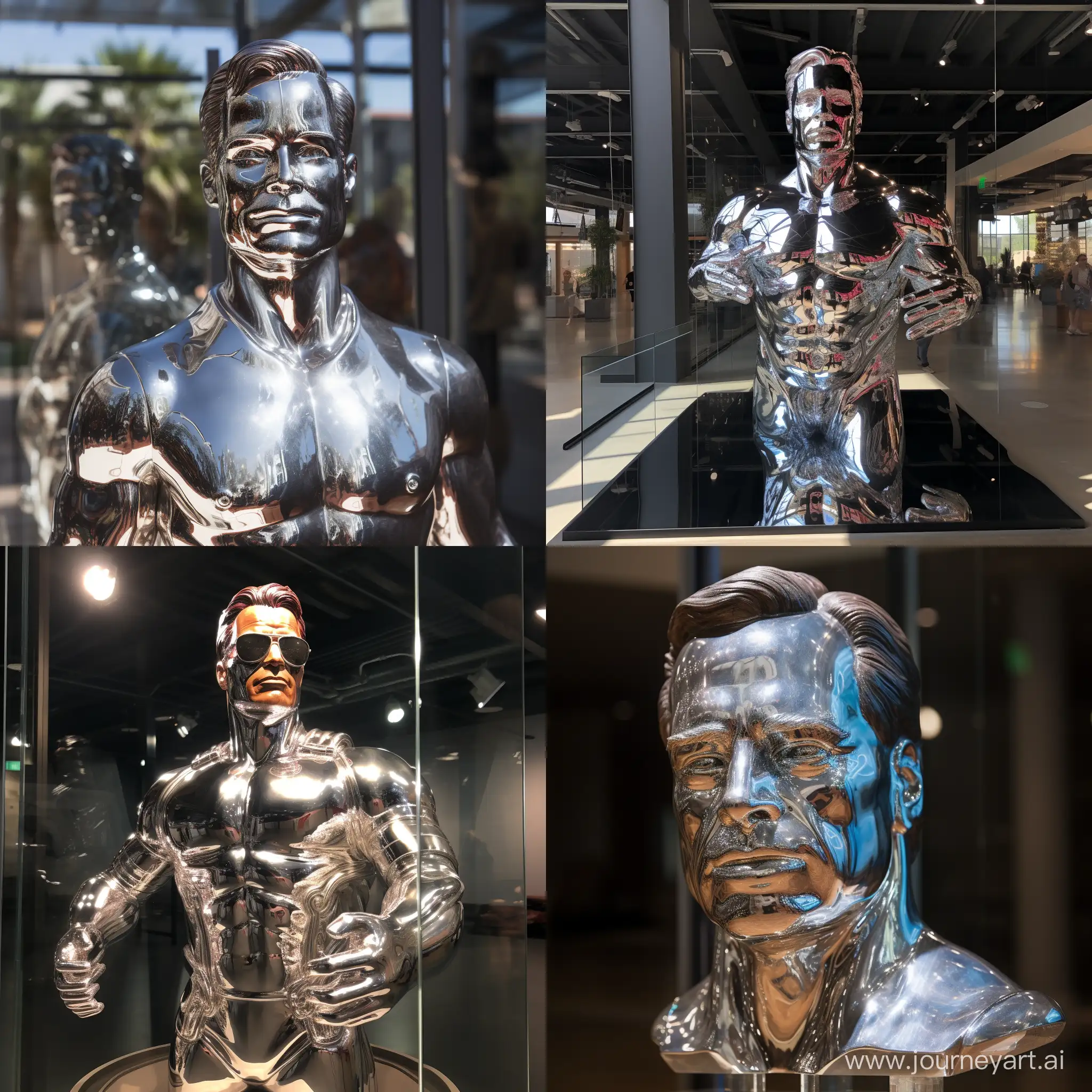 Impressive-Glass-and-Chrome-Arnold-Schwarzenegger-Statue-Reflecting-in-Striking-Detail