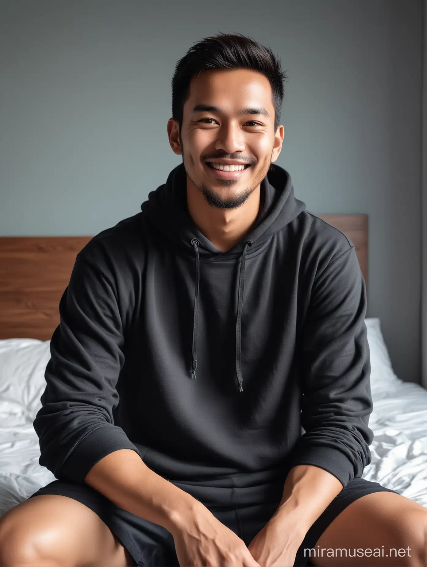 A handsome man with an Indonesian face, a thin beard, short hair and a neat, slightly fat body, wearing a plain black hoodie and black shorts.  He was smiling while sitting on the edge of the bed in the room.  the background of the room walls is light blue.  The photo looks very realistic and super detailed