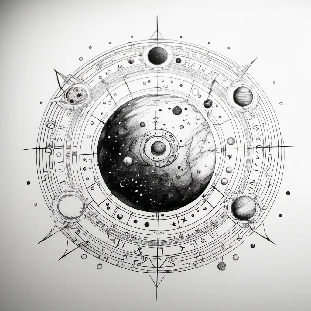 Apocalyptic Astrology Front View of a Burnt Planet Drawing with Subtle Coloring on White Paper