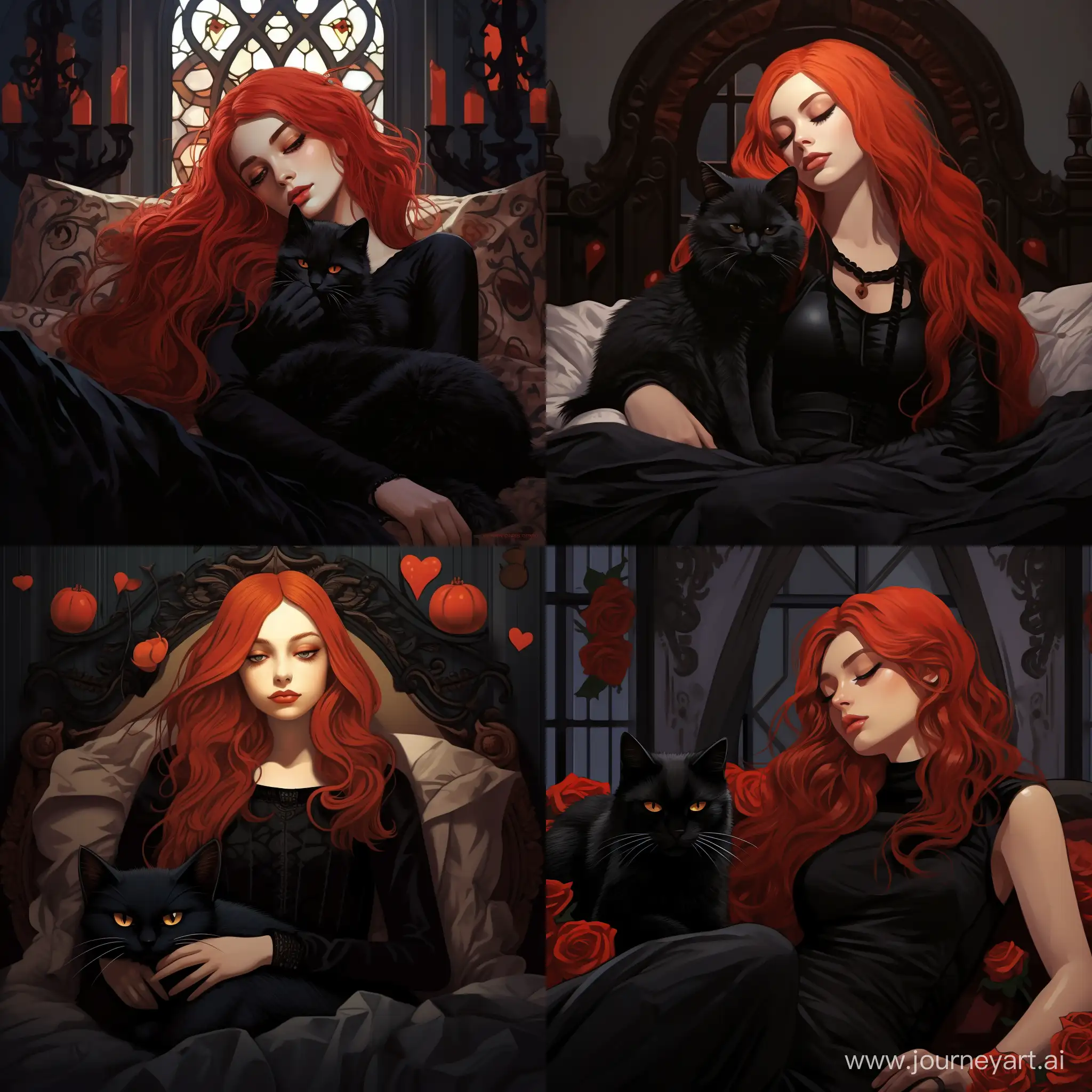 Dreamy-Gothic-Girl-with-Red-Hair-Sleeping-Next-to-Stylish-Gothic-Cat