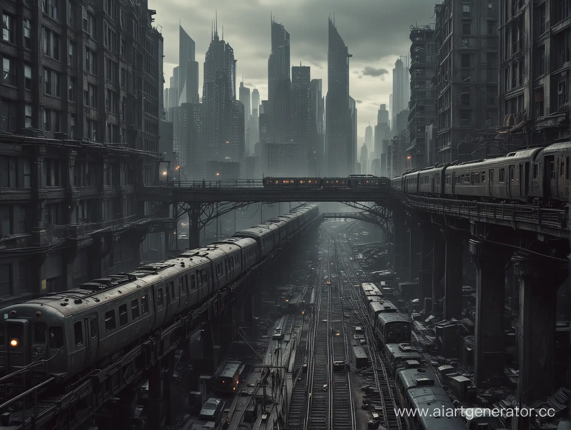 Поезд едет по мосту сквозь небоскребы, в темных тонах, в стиле постапокалиптики.