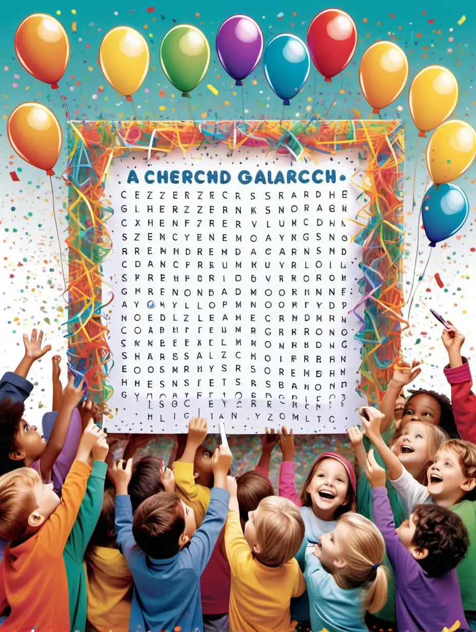 A cheerful illustration of children gathered around a giant word search grid, eagerly searching for hidden words with magnifying glasses in hand, set against a backdrop of colorful balloons and confetti.