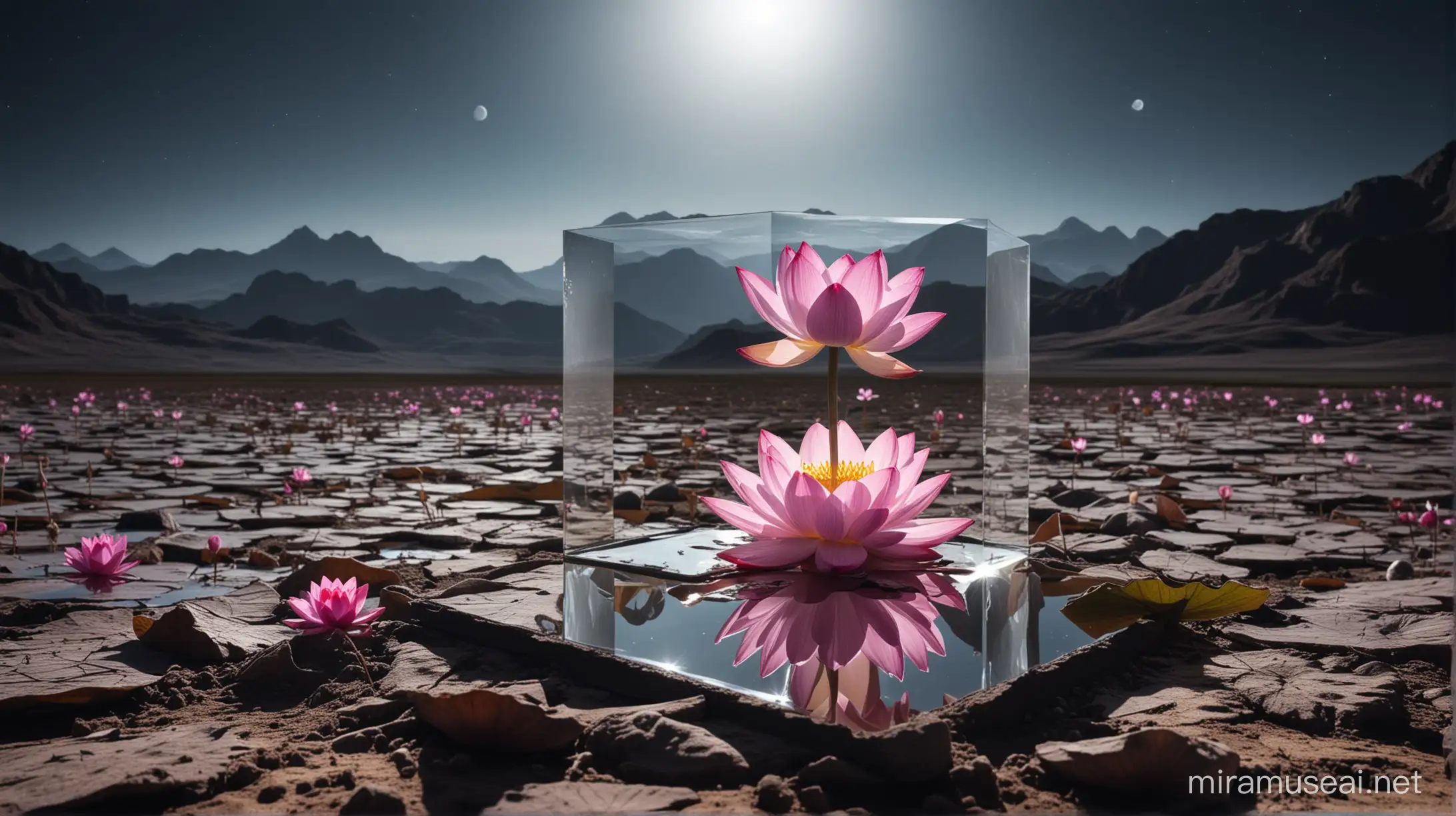 one pink lotus under square glass on moon landscape