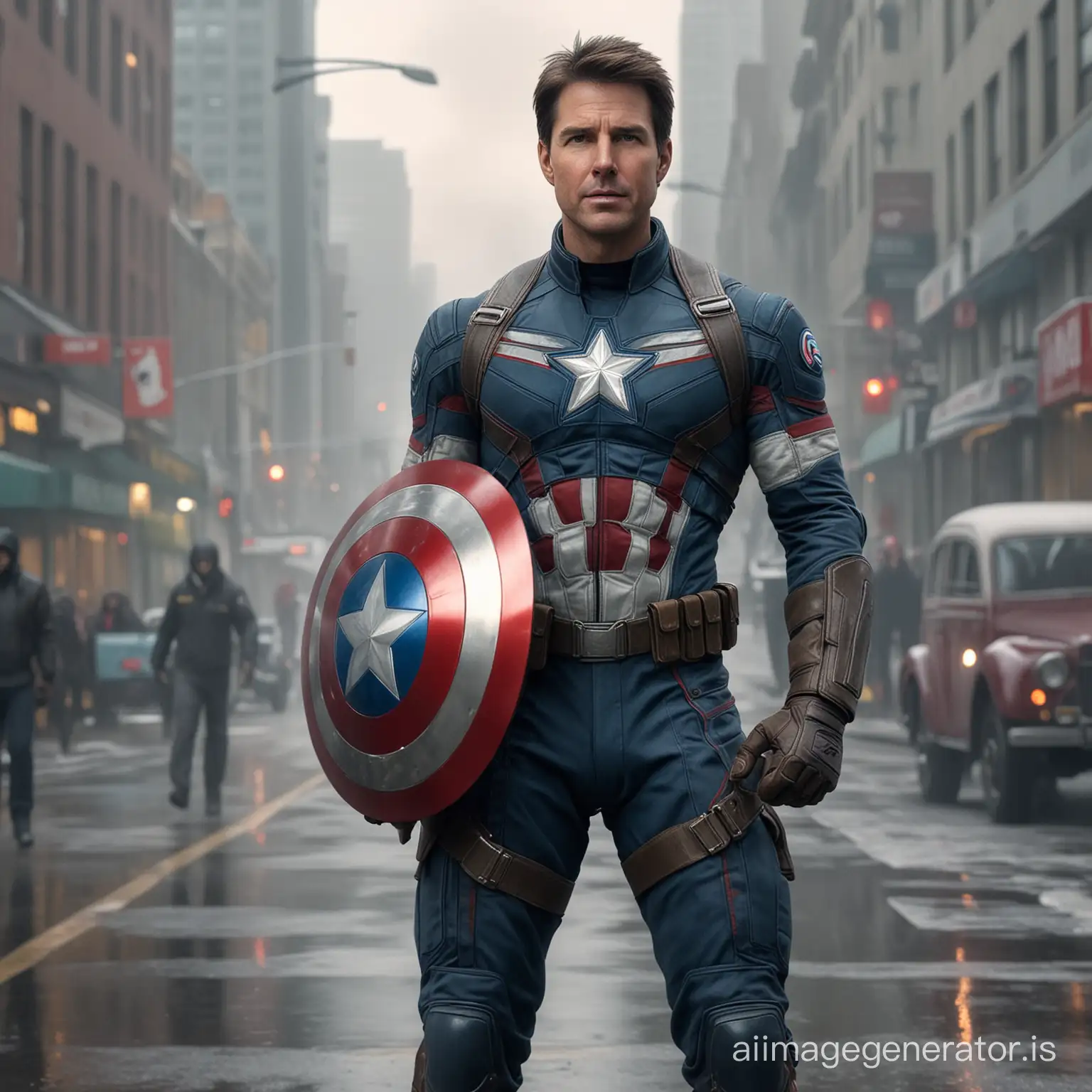 Tom Cruise in original Captain America suit, who smile, looking at the camera, full body, photorealistic, hyper detailed, in foggy Canada Street as the background