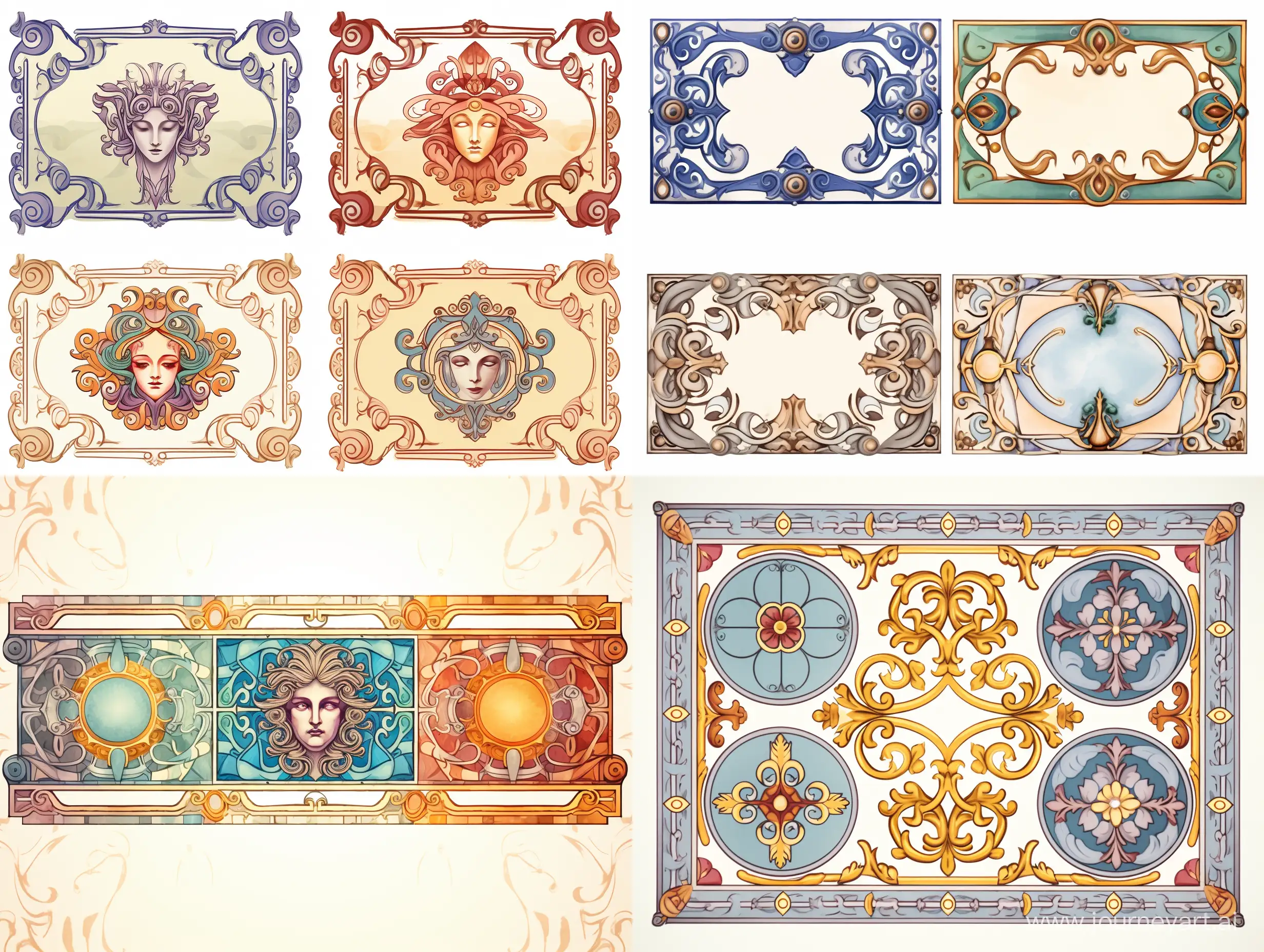 Four variants of the patterned ancient Roman ornament, in a rectangle, with an empty center, fabulous illustration, stylized caricature, Victor Ngai, watercolor, decorative, flat drawing