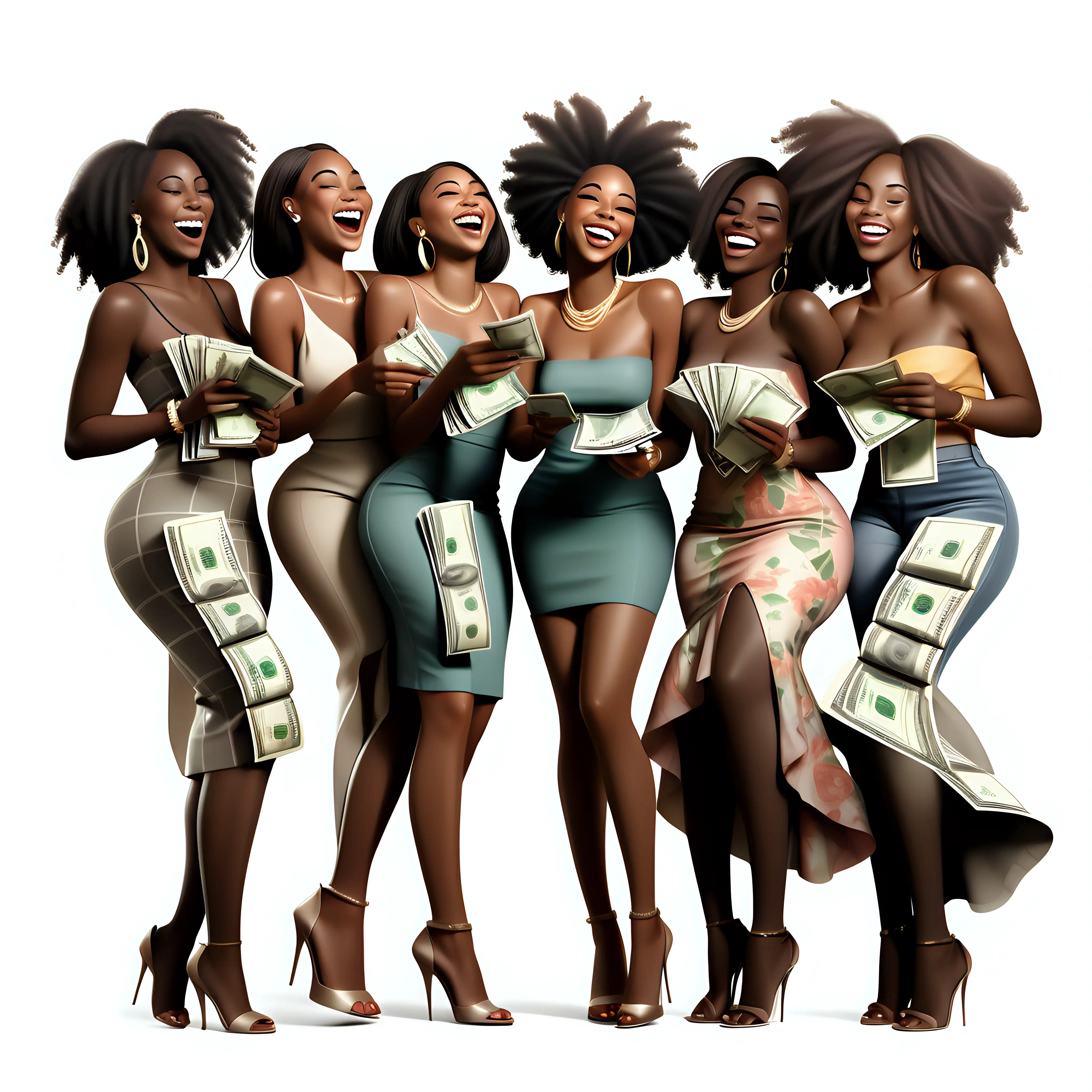 a group of Beautiful Black women smiling and laughing holding a lot of money in a pretty outfit and fancy purse full body transparent background