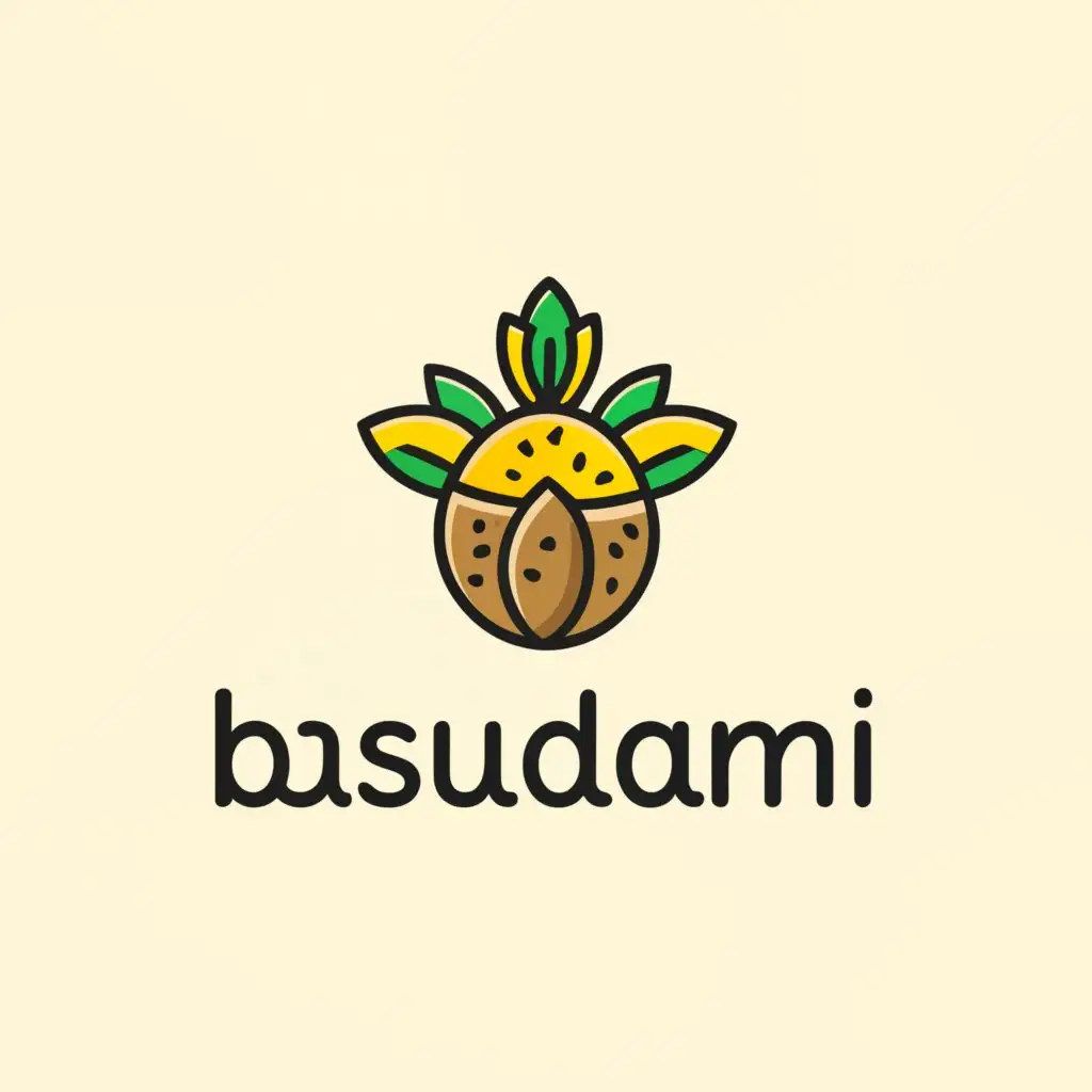 a logo design,with the text "Basudani", main symbol:"""
Combine elements of banana, coconut, and rice plants into a cohesive icon. Perhaps a cluster of bananas, a coconut palm with coconuts, and rice stalks bundled together. Choose colors that reflect the natural hues of these plants. Yellow for bananas, green for coconut leaves, and perhaps a golden brown for rice stalks. You might also want to include earthy tones to represent the soil. Use a font that is clean and legible. It should complement the iconography and evoke a sense of celebration and harvest. Consider a mix of playful and modern fonts. Arrange the elements in a balanced and visually appealing manner. You might place the iconography above the text or integrate it into the text itself. Consider adding subtle details that signify celebration, such as confetti, streamers, or a sun peeking from behind the plants.
""",Minimalistic,clear background