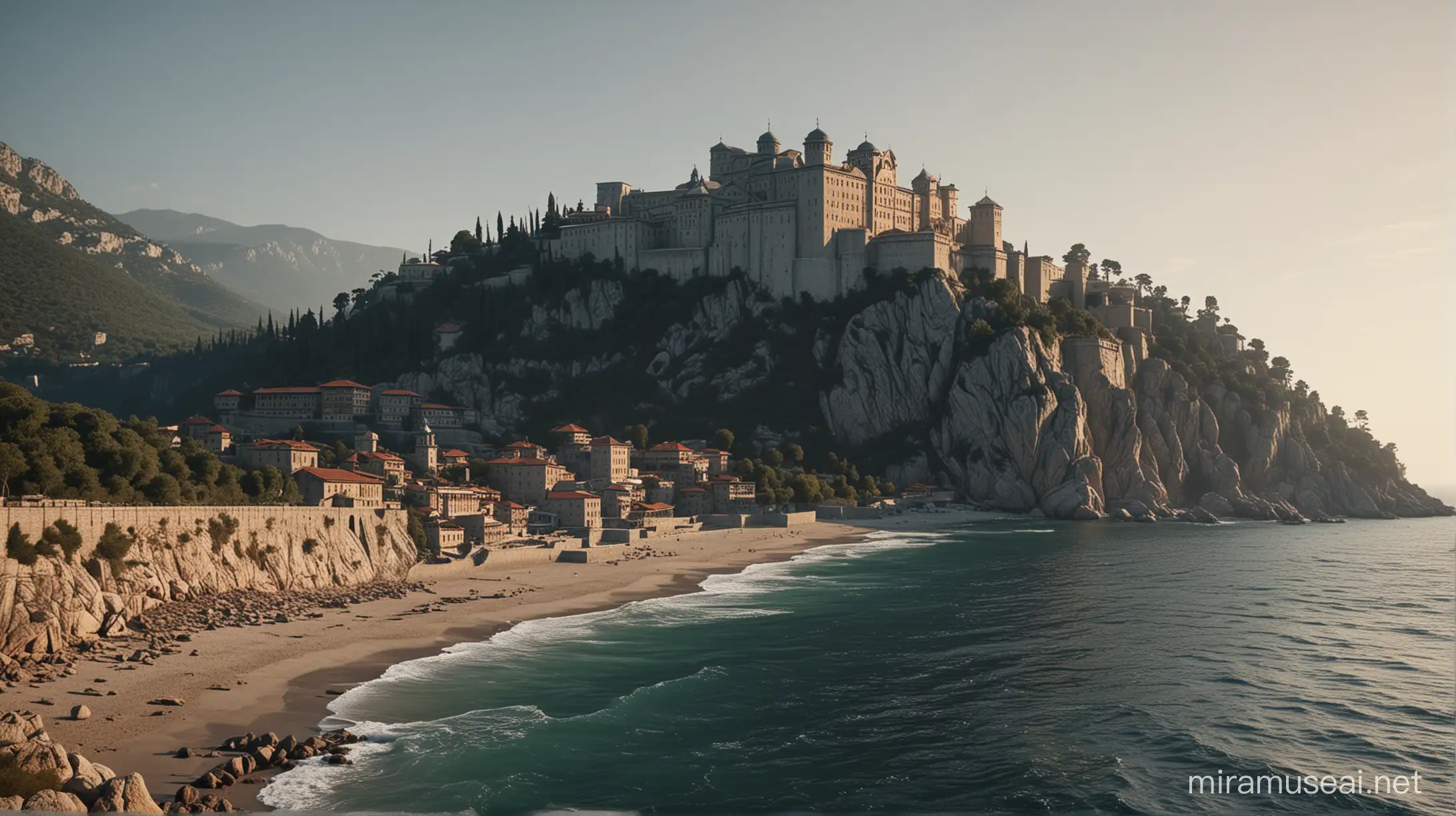 The Monastery of Mount Athos in Greece can be seen on the horizon, frontal shot, hyper-realistic historical cinematography