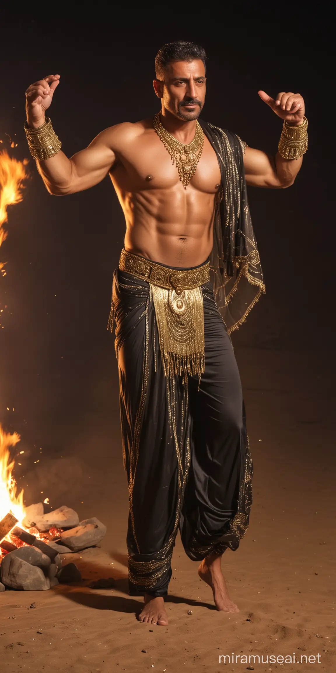 Mature muscular Arabic man as belly dancer, hot, handsome, beautiful, shirtless,oiled up, body glistening, sweaty, wearing skimpy Arabic clothes that belly dancers wear, wearing beautiful gold ornaments, dancing around a bon fire in middle of desert at night