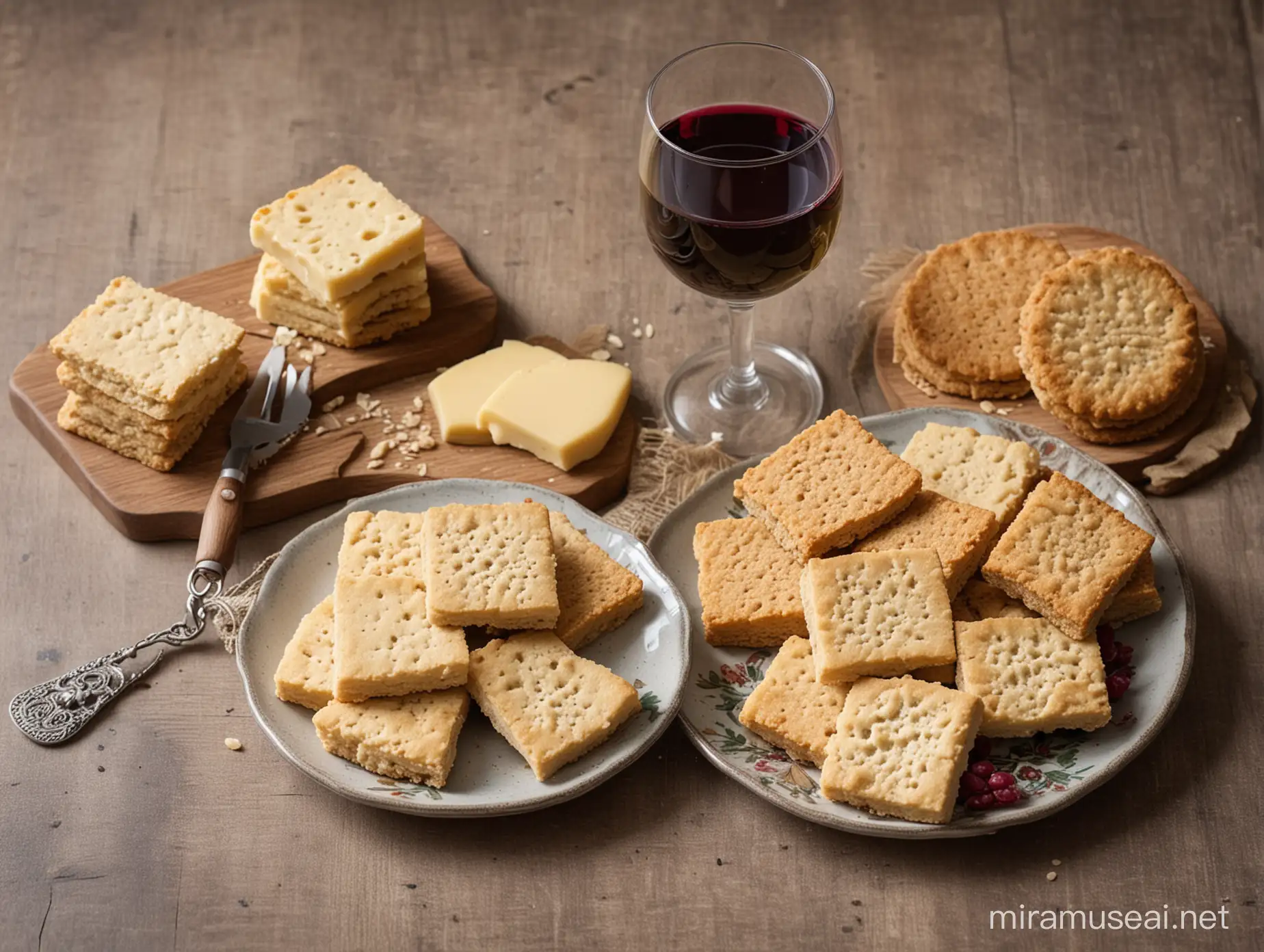 An image of some shortbread, cheese, wine and oatcakes on a plate in a Scottish setting