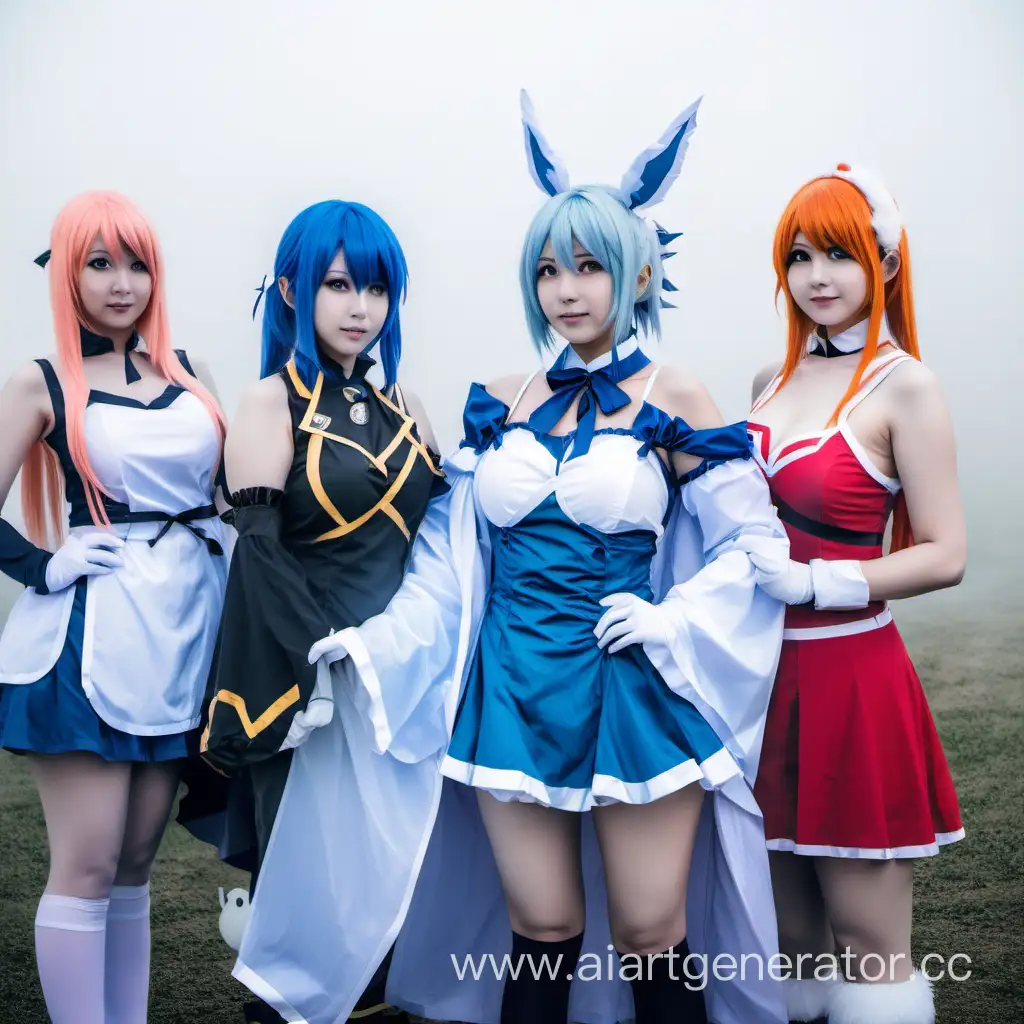 Cosplay of anime characters in the mist