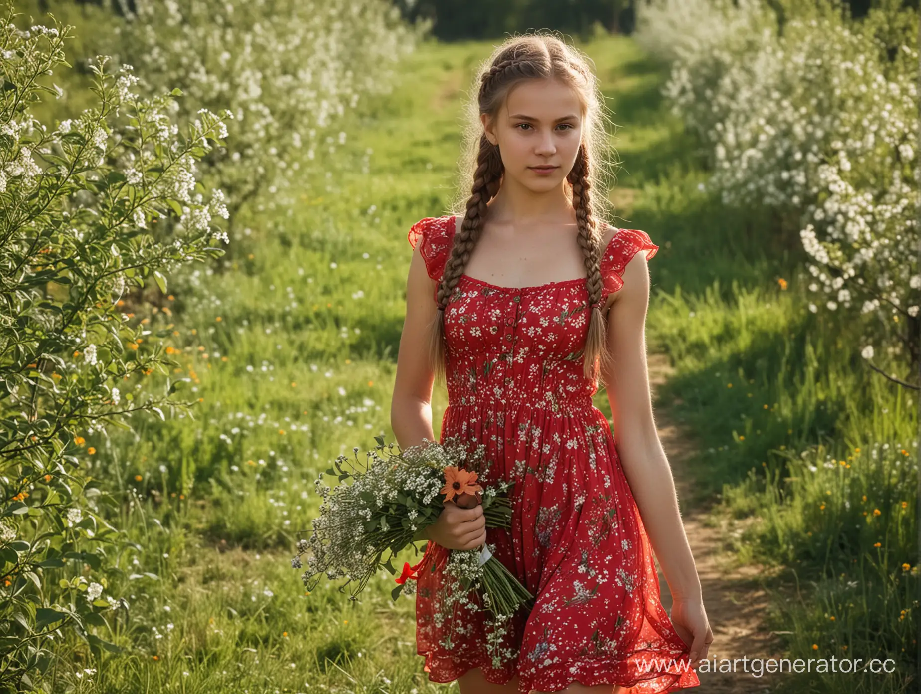 Русская молодая сельская девушка в фруктовом саду, красный полупрозрачный сарафан ультра короткий, длинные русые косы, держит букет полевых цветов