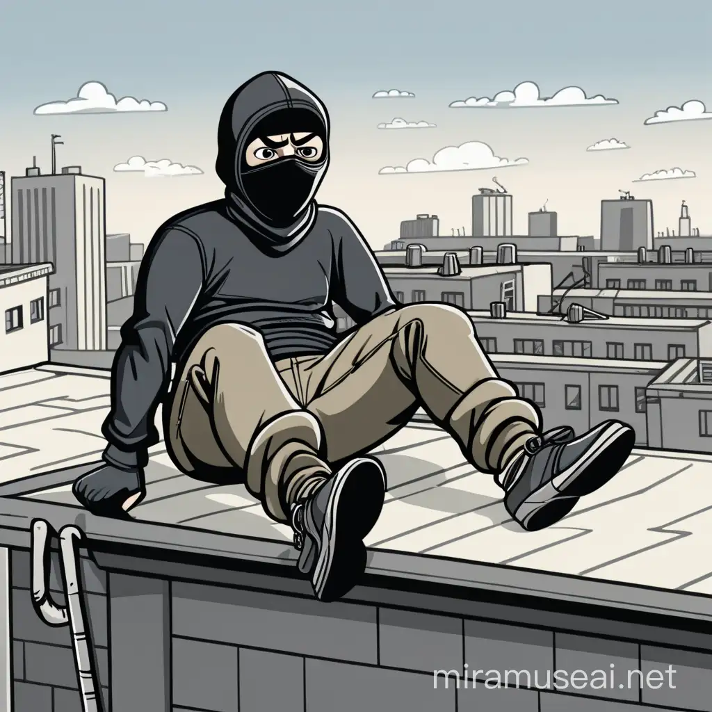 Cartoon Hooligan Lying on Rooftop with Balaclava