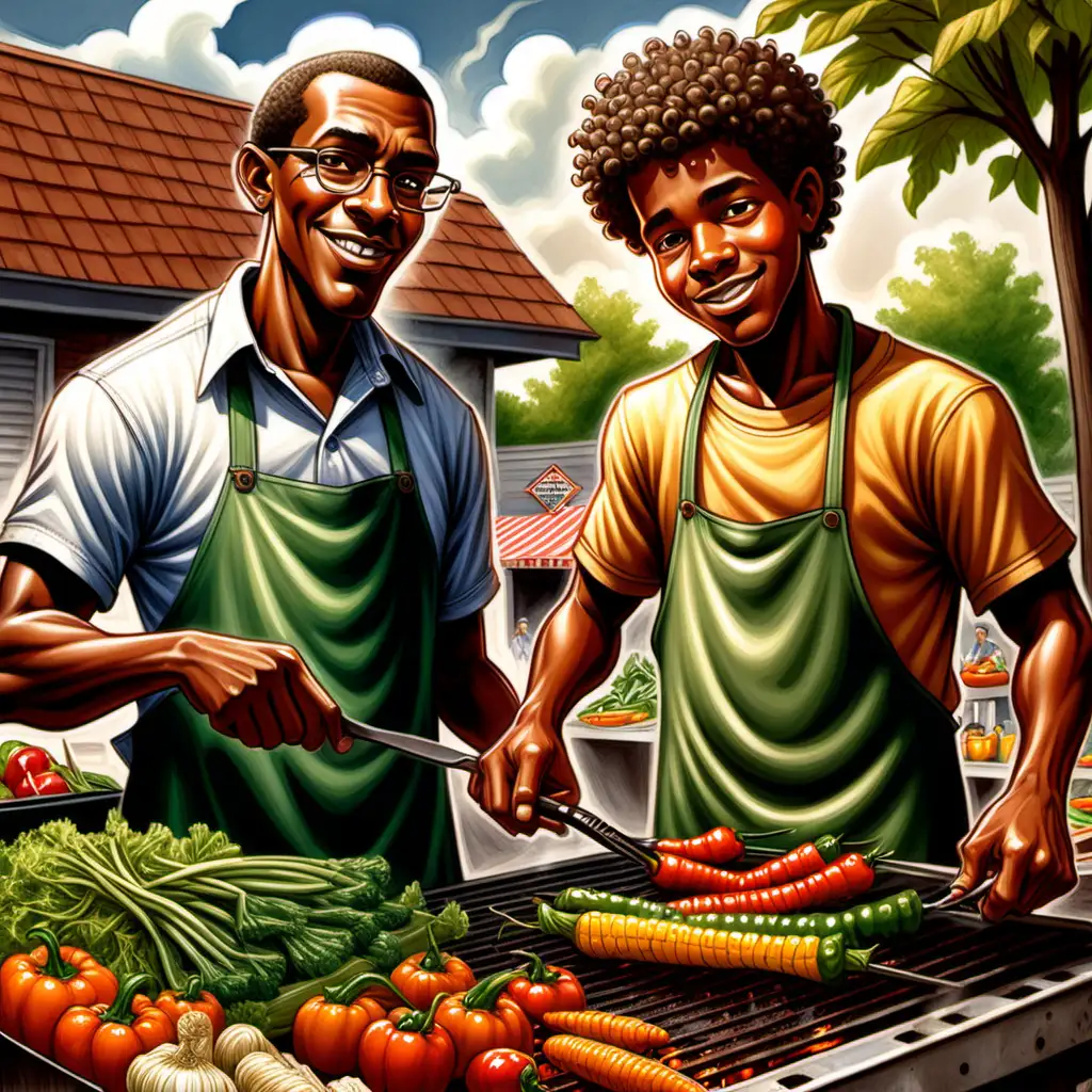 cartoon ernie barnes style african american 10 year old boy with curly hair grilling vegetables from the farmer's market with his father with short hair
