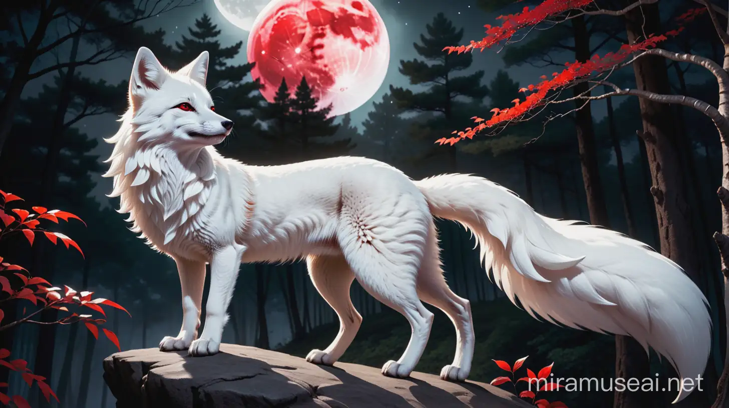 A white fox with nine tails stood on the edge of a cliff and roared at the moon. A dark forest was in the background and a red moon was above the forest.