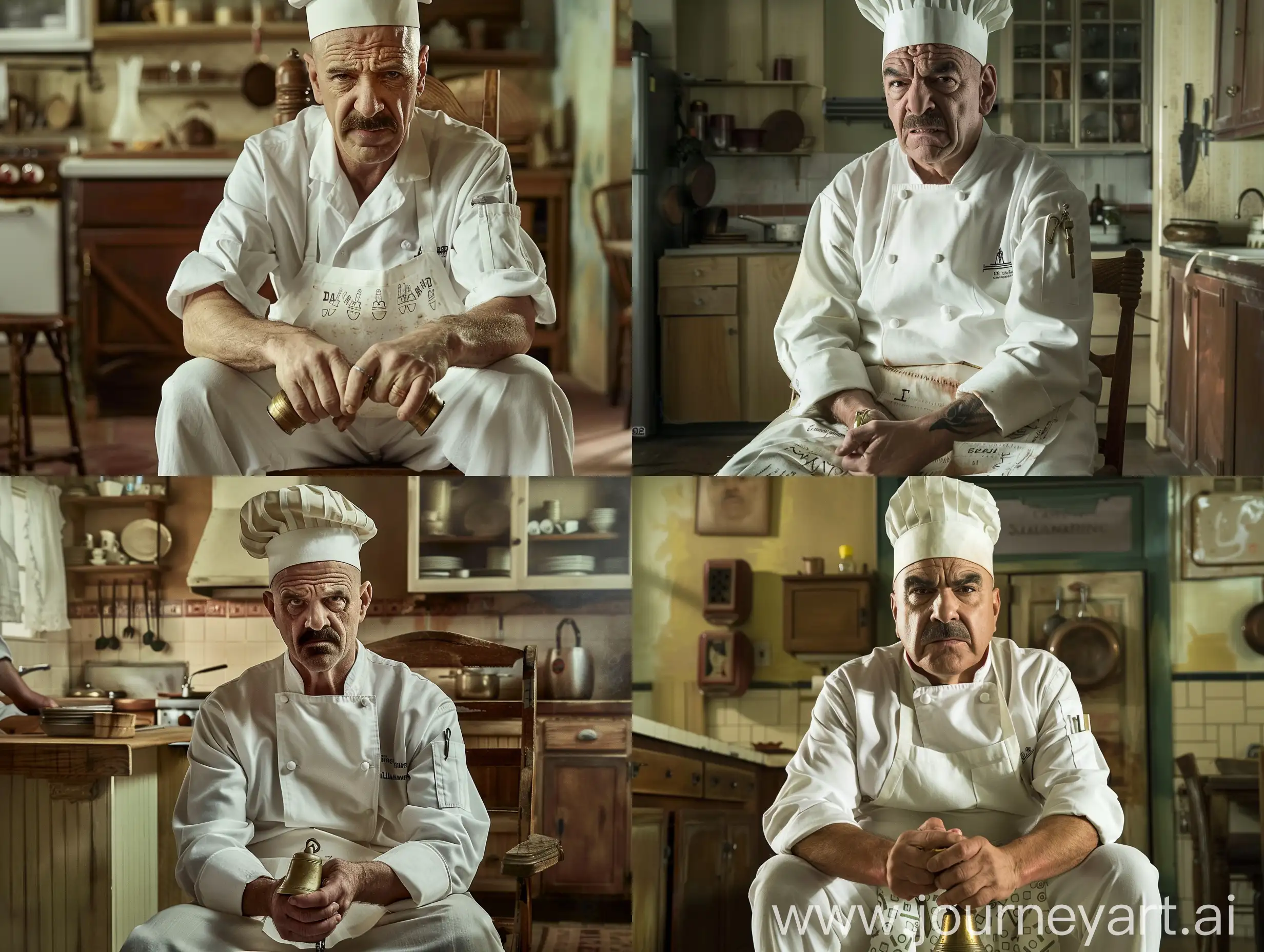In Breaking Bad, Hector Salamanca (Mark Margulies) angrily rings the bell on Daredevil's right hand, Hector Salamanca (Mark Margulies) sits on an old wooden chair with The background of the kitchen is sitting. Hector Salamanca wears white chef uniform, Hector Salamanca wears chef hat, Hector Salamanca wears white kitchen apron with bell pattern, clear, realistic, modern lighting, q2