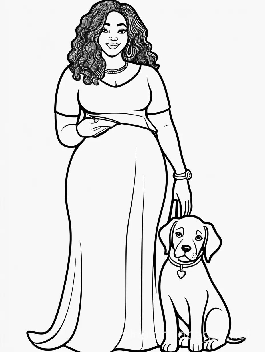 Curvy-Black-Woman-with-Puppy-in-Black-and-White-Line-Art-Coloring-Page