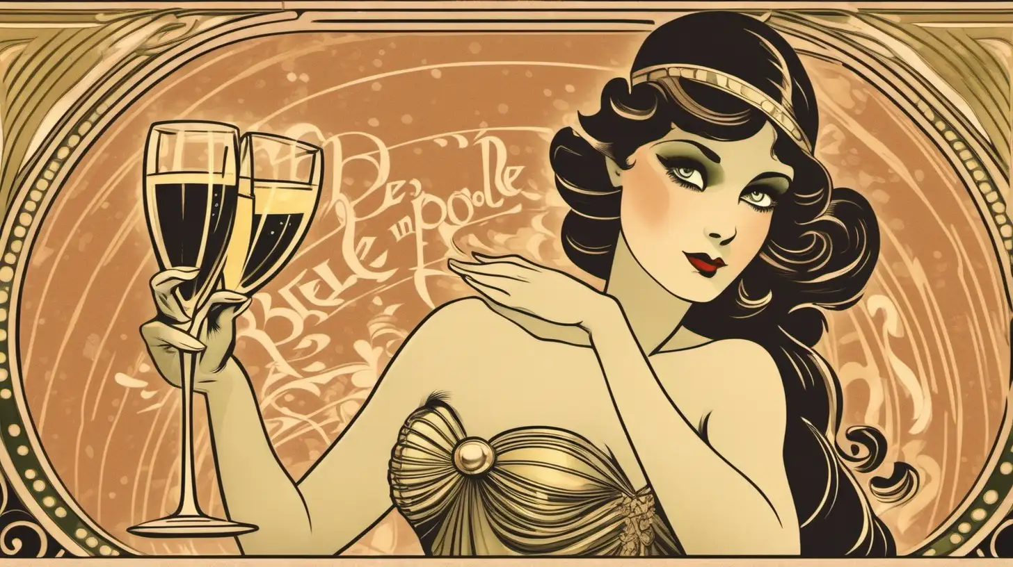 Belle Epoque in Paris, dances and love. eyes of a woman that see into a champagne cup. Art deco style.