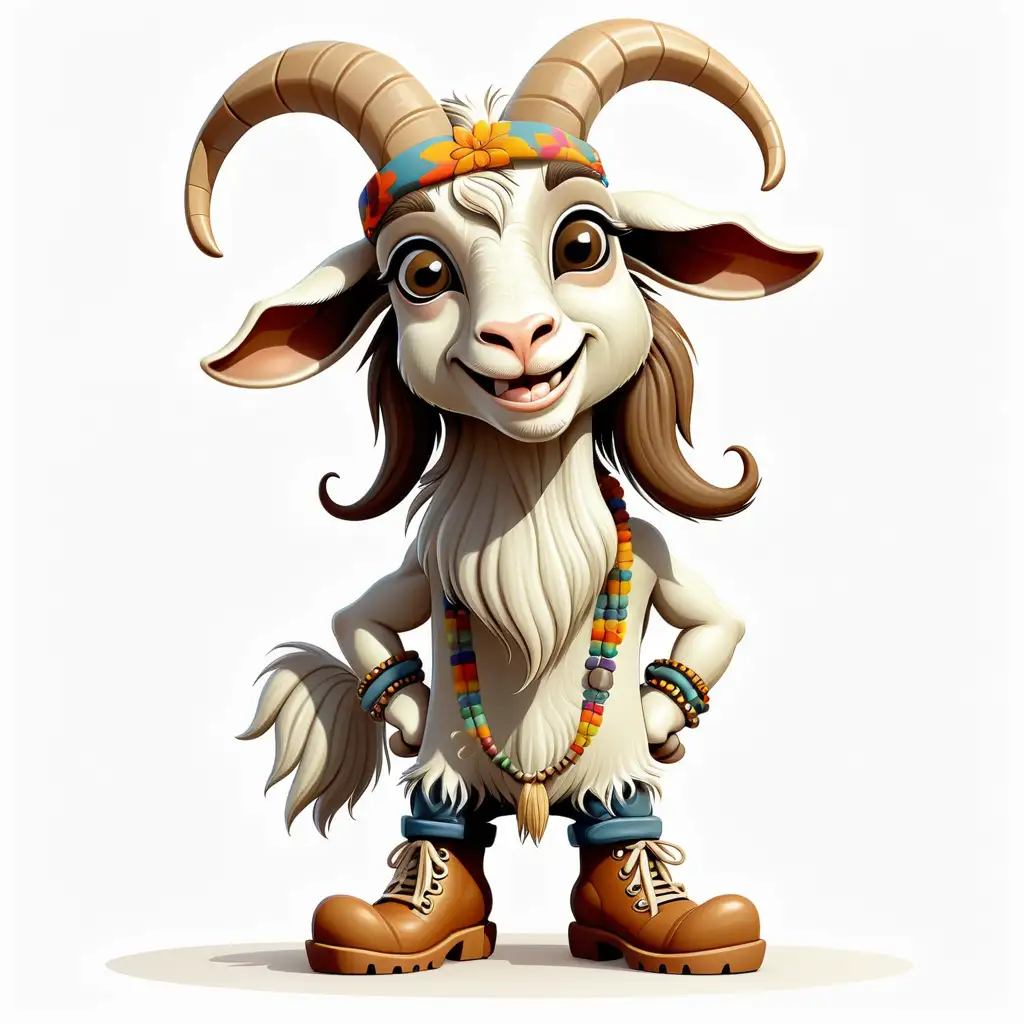 a cute goat in cartoon style as Hippie clipart with boot  with two feet with white background