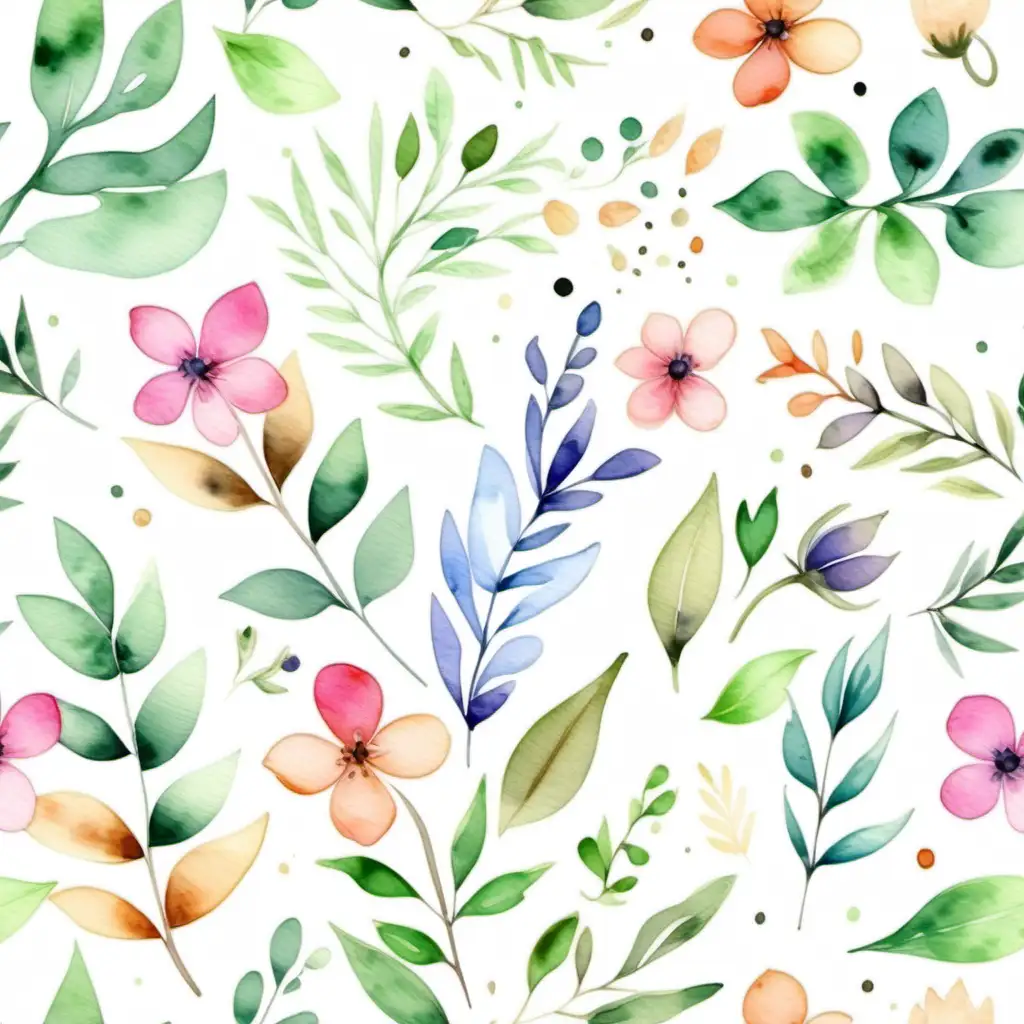 small flowers and leaves in watercolor style spring colors on a white background