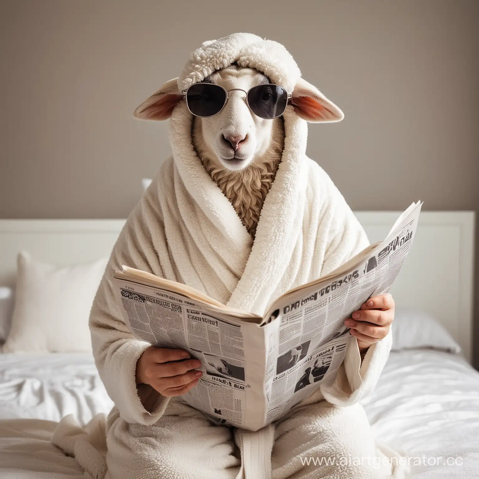 A sheep in sunglasses in a bathrobe and a towel on his head is reading a newspaper.
