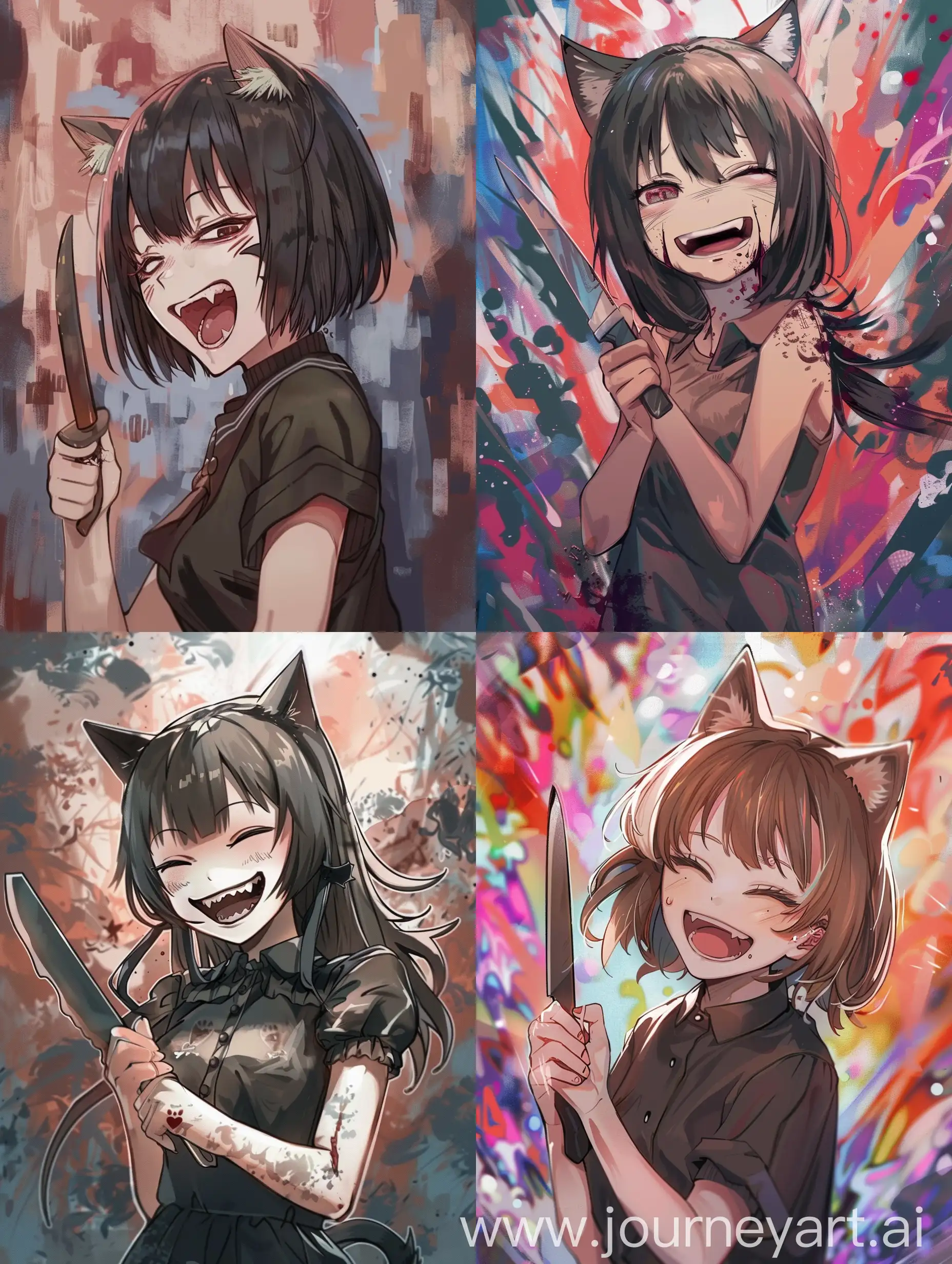 anime girl with cat ears laughing, she holding a knife, with abstract background