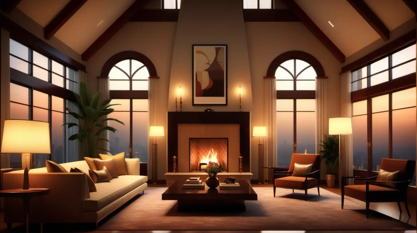 A living room with high vaulted ceiling and Art Deco furnishings, one fireplace and windows at evening, warm lighting, photo-realistic quality.
