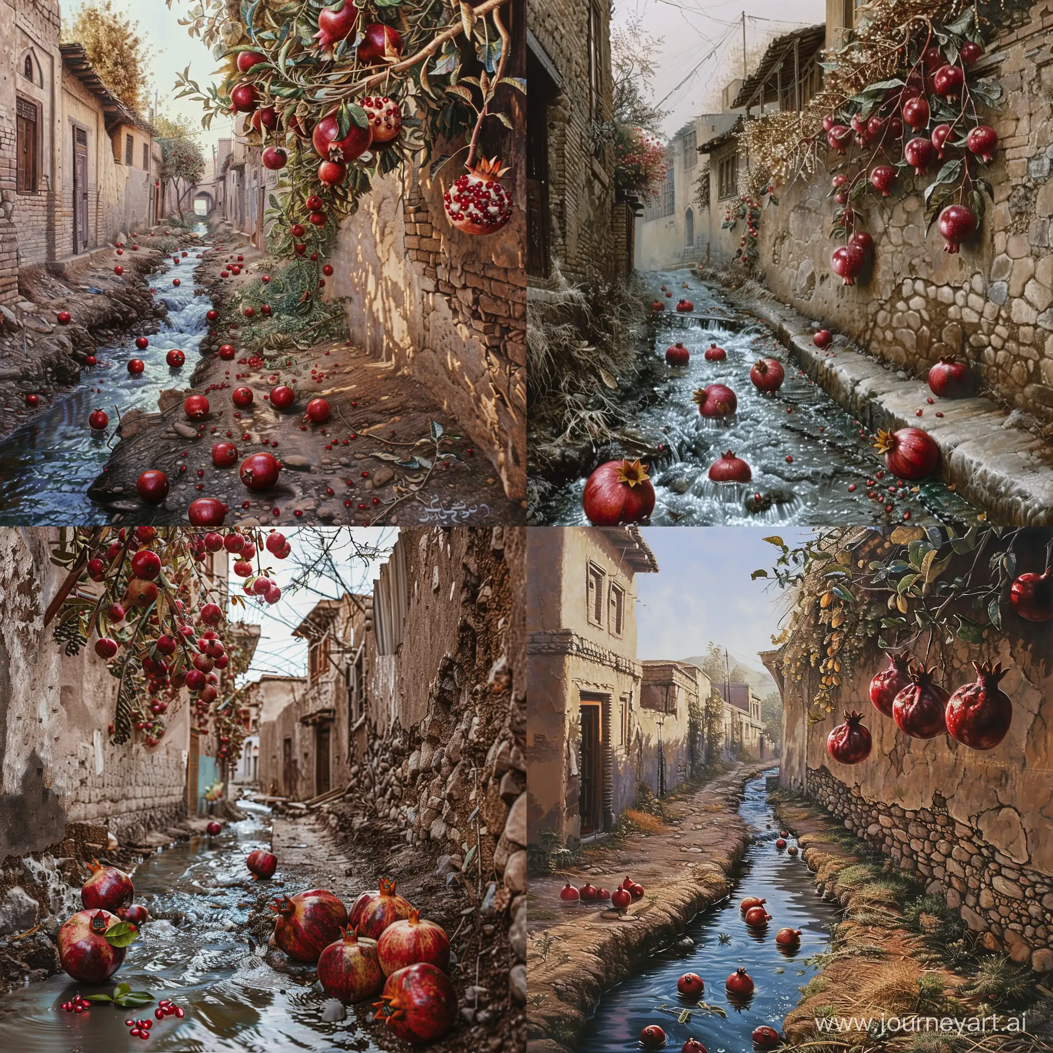 The picture shows a street in old Iranian villages with houses on both sides of the street and old walls. Pomegranate branches are hanging from the walls into the street. A small stream of water flows under the wall on the left side, with pomegranates and apples floating in the water. Highest quality and more details.