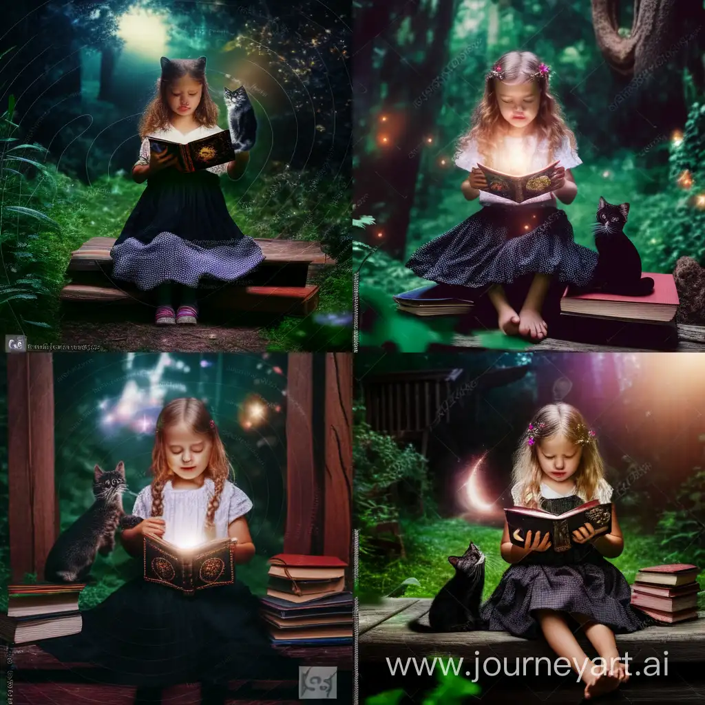 Enchanting-Forest-Scene-Little-Witch-and-Black-Cat-with-Magic-Book