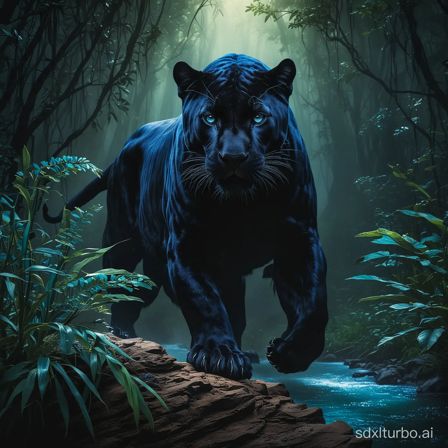 beautiful wildlife magazine cover photo, black panther, dynamic composition and dramatic lighting, cobalt blue, turquoise