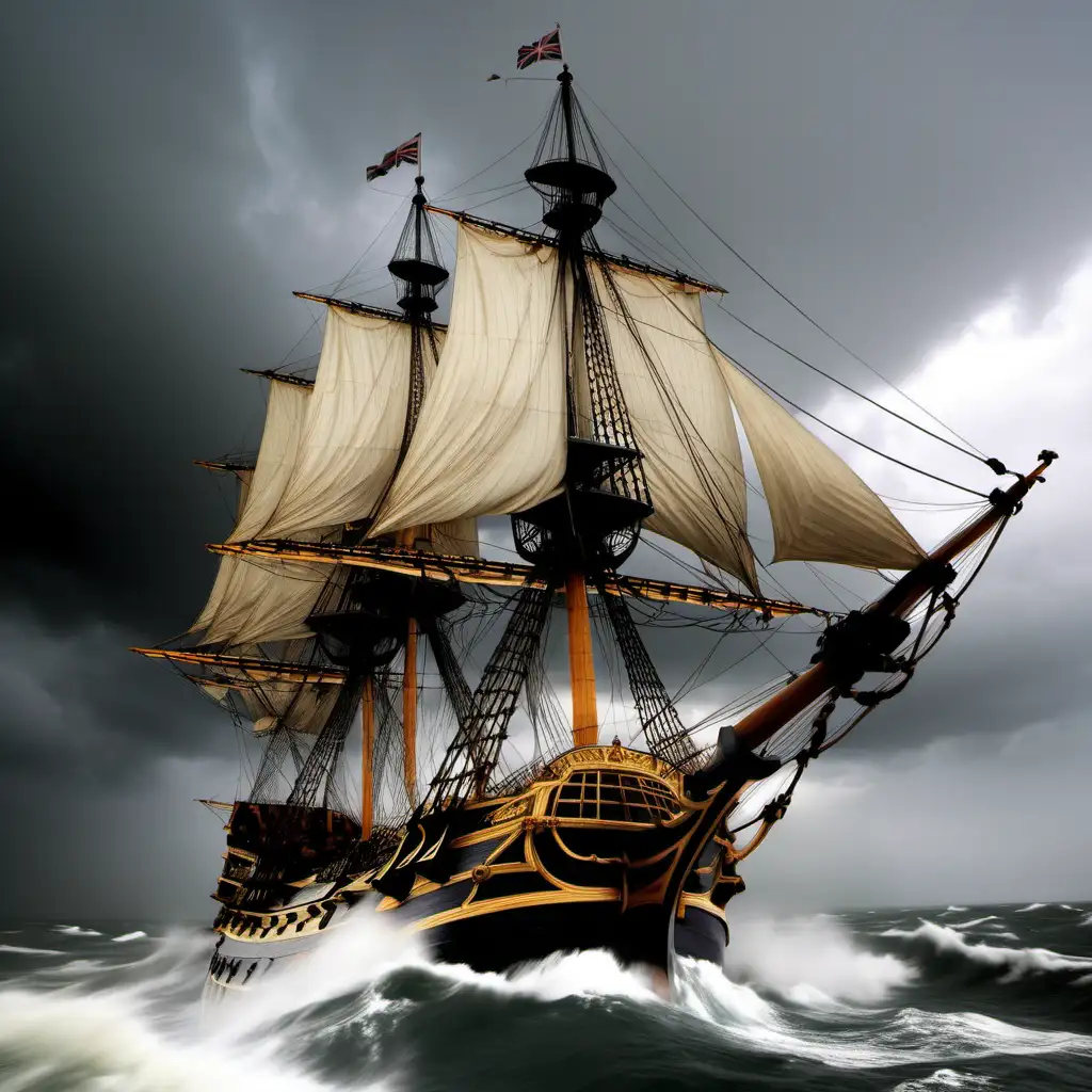 The ship HMS Victory in a stormy sea and a cloudy sky. Firing cannons.