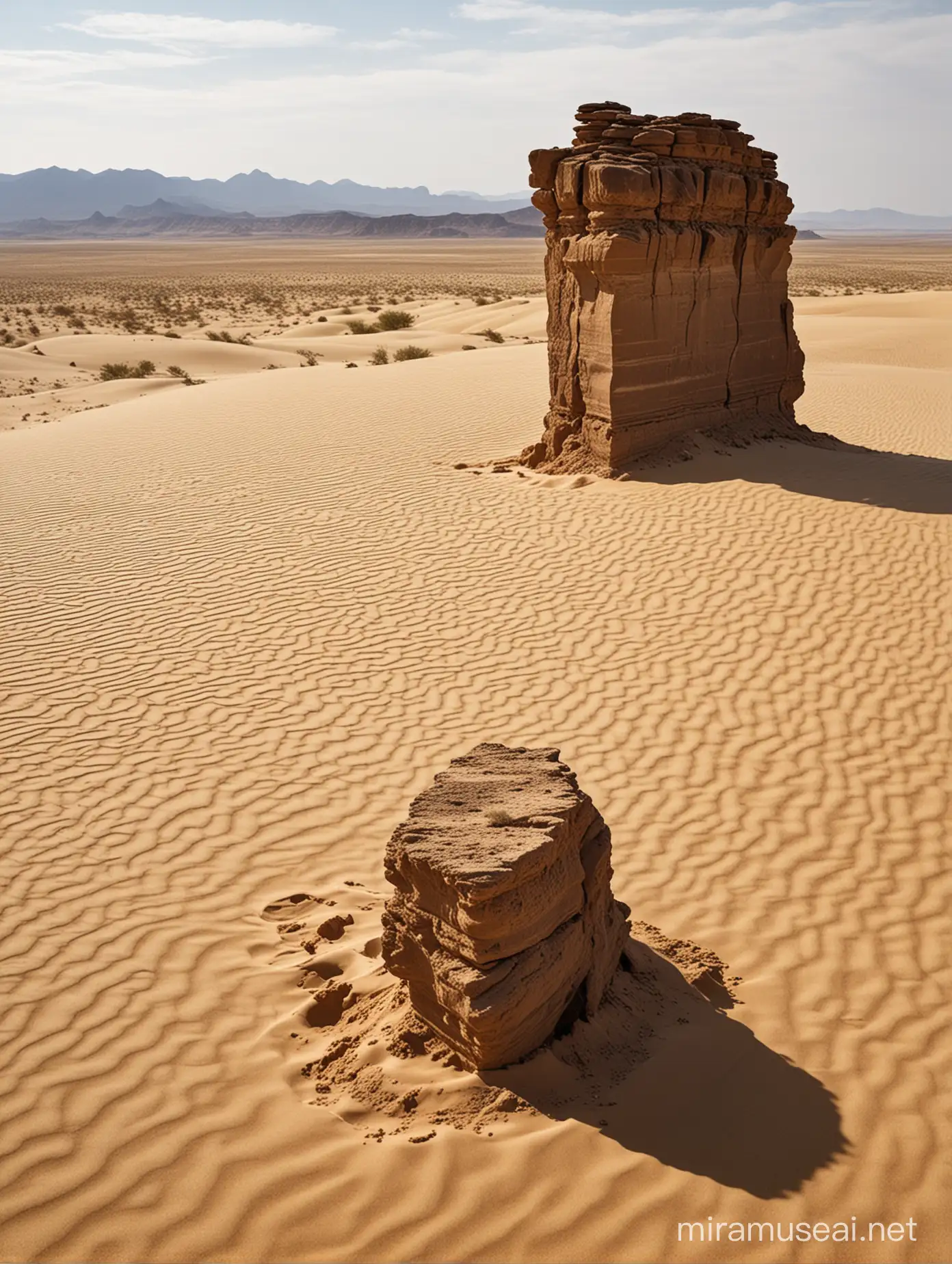 In the heart of a vast desert, the sand stretches for miles beneath a deep blue, cloudless sky. Here and there, like enigmatic presences in the arid land, stand regular square structures, etched into the golden soil, each a silent mystery in the desolate vastness. Around them lie black blocks, arranged unstructuredly like fragments of a lost ancient sculpture. Beyond this rugged scene, a jagged edge of rock emerges against the horizon, a natural barrier against the infinity of the desert. In this scenario of solitude and tranquility, the air is still, punctuated only by the whisper of the wind that caresses the sand, transmitting a sense of immutable peace.​The silence seems almost deafening in this vast and bare panorama. Yet, it is a calm silence, full of potential and meaning. Slowly, the gaze moves between the geometric shapes emerging from the ground, each an inviting enigma. In what stories are these solitary structures hidden? What lives have they seen and what secrets do they keep? Perhaps, only the wind and sand know their mysteries, having seen and heard for centuries. The tranquility of this place seems almost suspended in time, as if the passing of days and seasons here have lost meaning. Nature dominates effortlessly, with its silent and inexorable strength, slowly shaping shapes and contours. Human beings, if they were ever here, have now vanished, leaving only mysterious traces of their passage. This desert almost seems to invite meditation, reflection and inner research. The gaze is lost in the infinity of the landscape, absorbing its peace and immutable quiet.