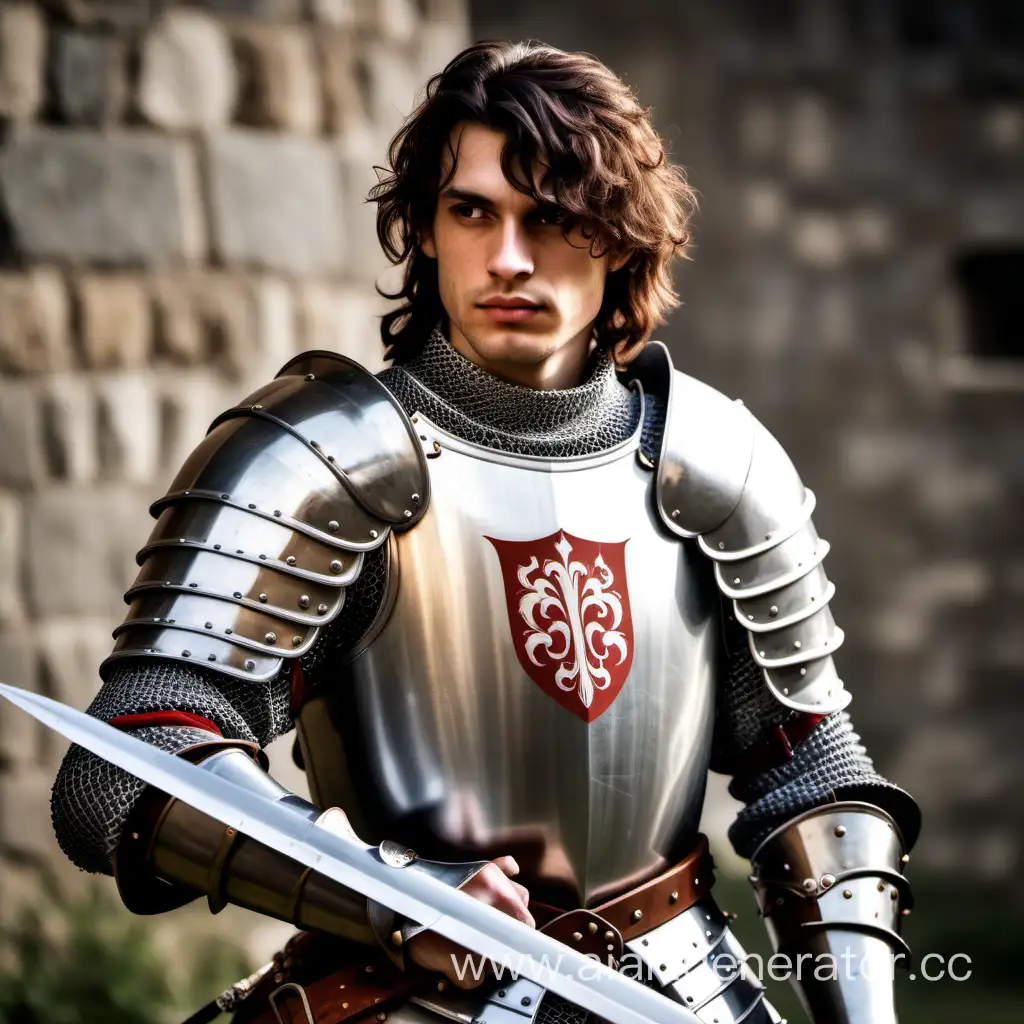 Паладин юноша 35 лет, в богатом латном доспехе 15 века, с шикарной прической, с мечом и большим широким щитом. Все это на фоне средневековой войны