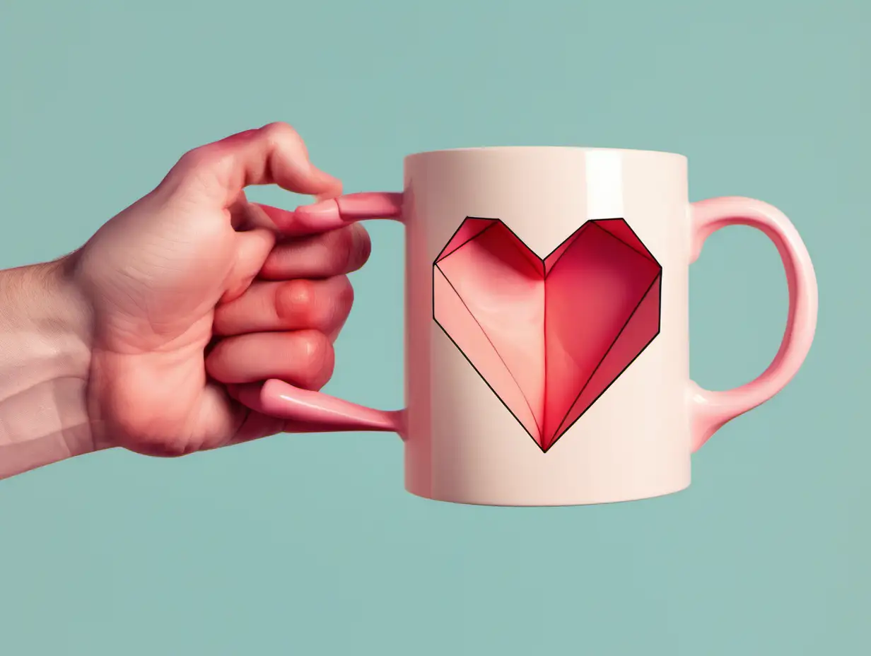someone hold a  heart mug and refuse to drink he face is kinky 
polygon shapes pastel colours
