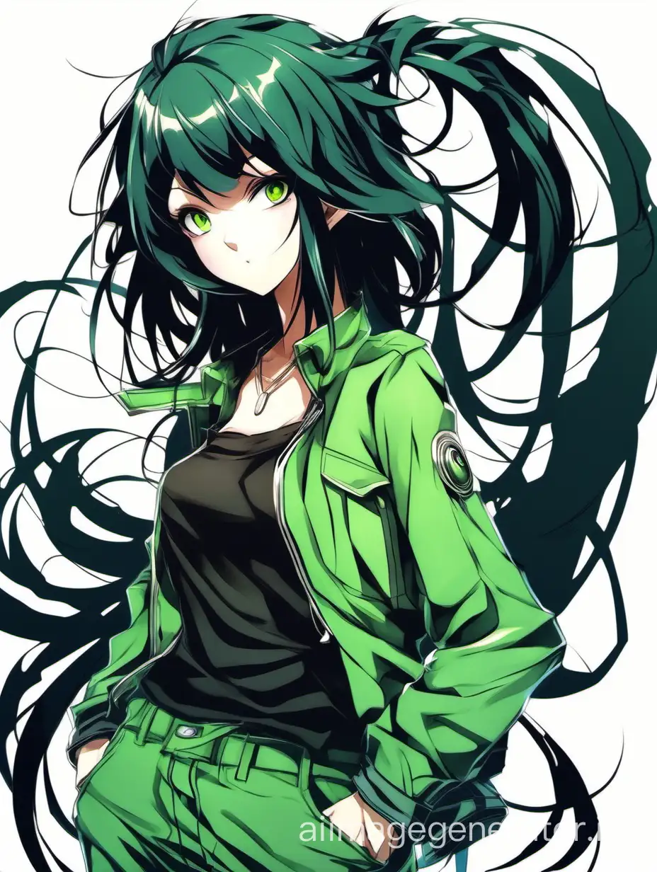 girl, the element of chaos, green-black hair color, looks into the lens, anime style, cartoonish, full height visible, chest, stands waist-deep