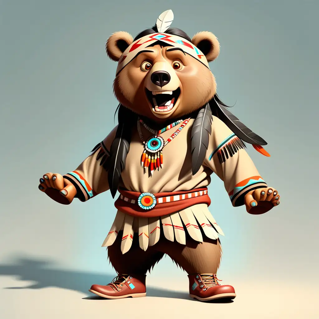 illustrate a funny bear with two foot in cartoon style with american indian clothes with boots with clear background