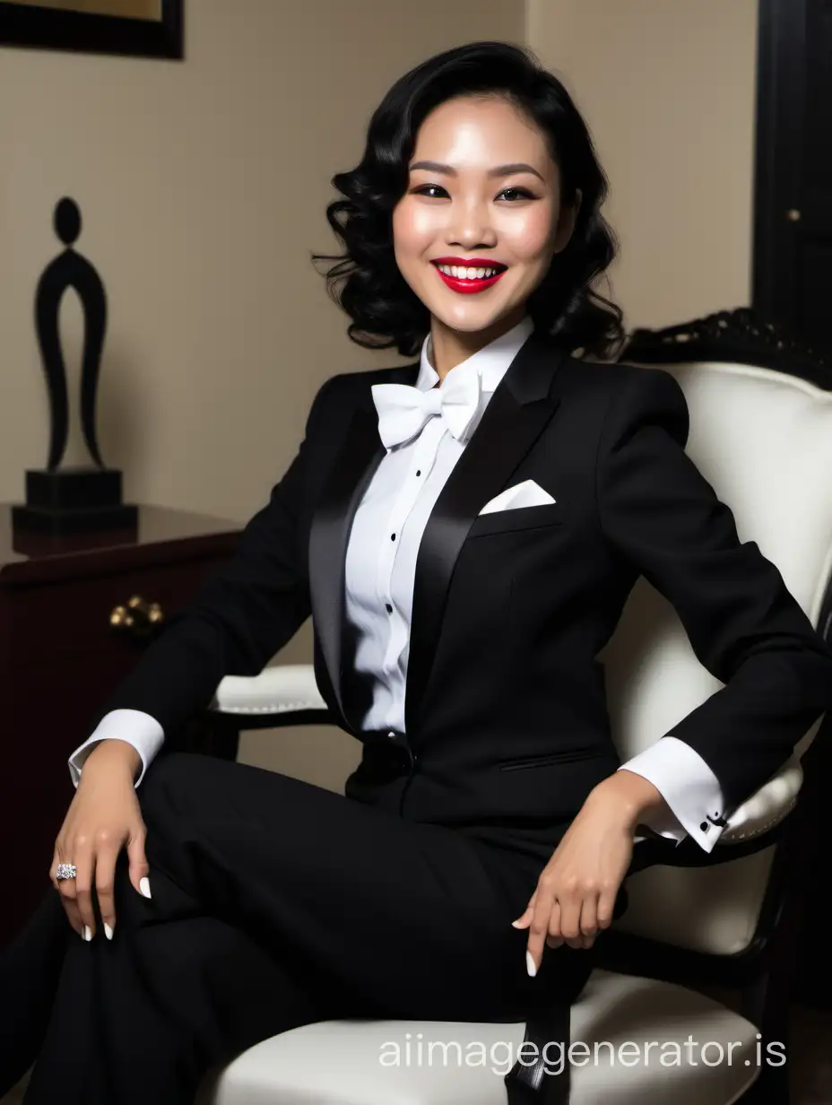 It is night. The lighting is dim. The scene is a room in a wealthy mansion. A beautiful smiling and laughing Vietnamese woman with tan skin, wavy shoulder length black hair, and lipstick, mid-twenties of age, is sitting in a chair, leaning forward, looking at the viewer. She is wearing a tuxedo with a black jacket and black pants. Her shirt is white with double French cuffs and a wing collar. Her bowtie is black. Her cufflinks are large and black. She is wearing shiny black high heels.