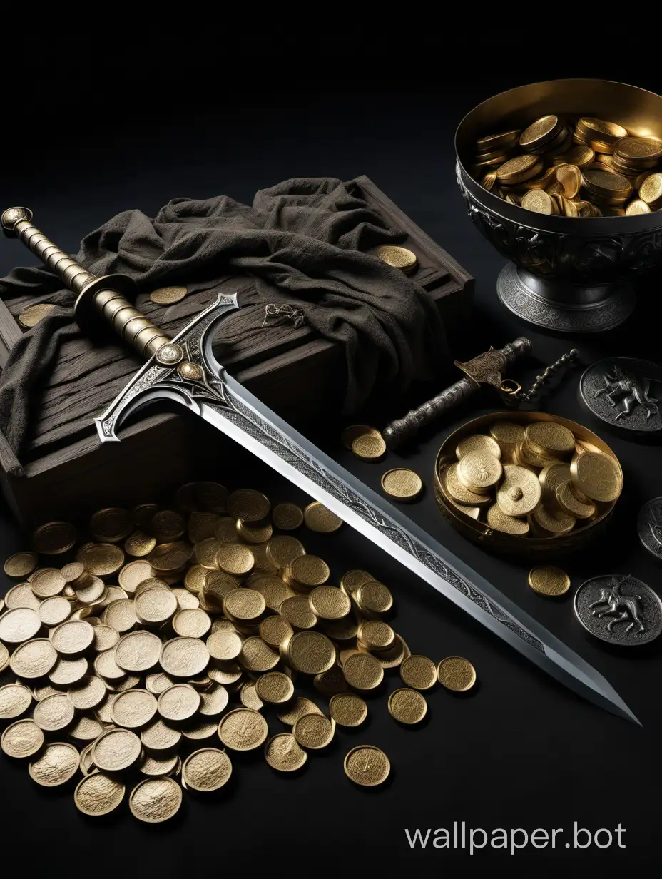 Arya Stark's sword laying next to a bounty of treasure and gold coins