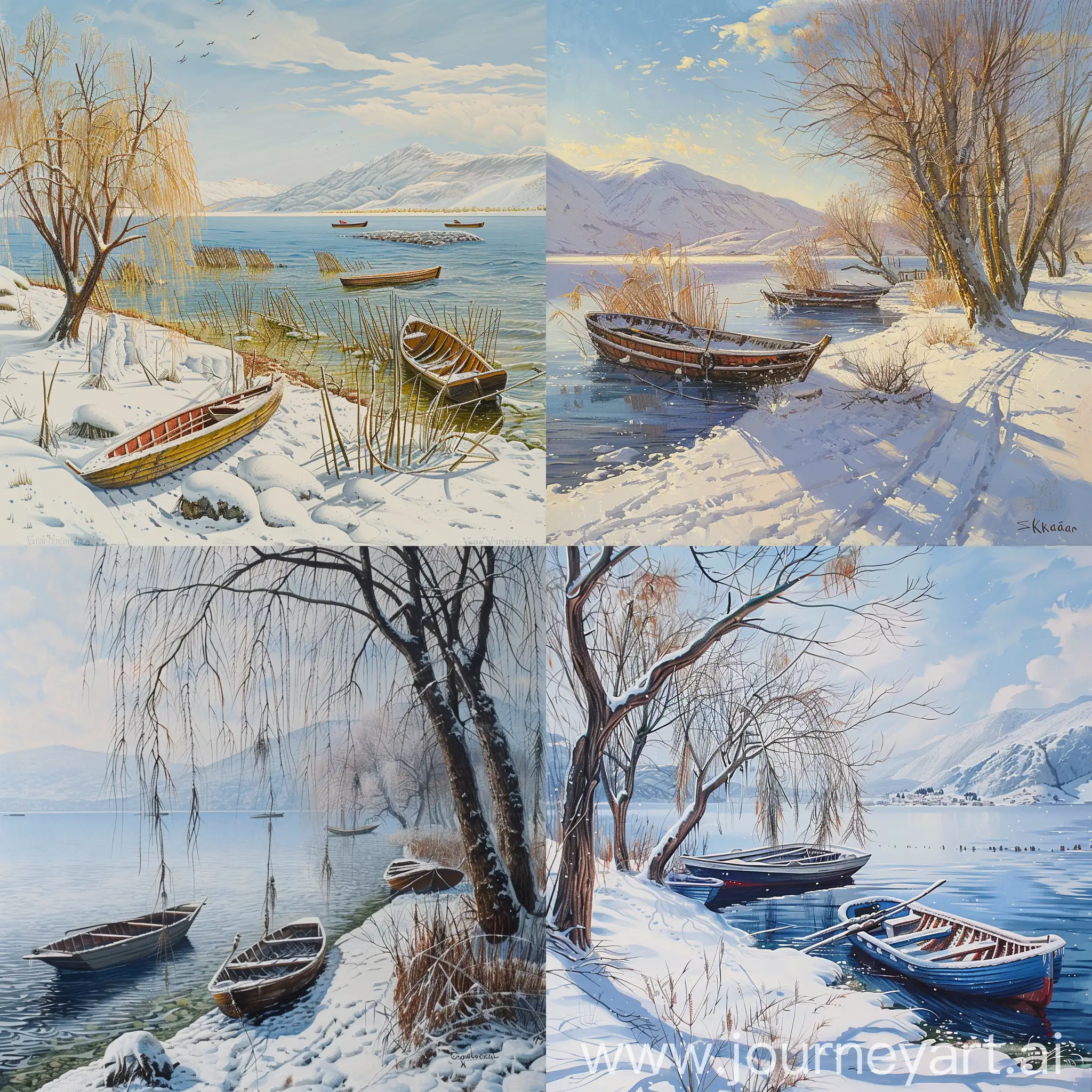 Tranquil-Winter-Scene-Willow-Trees-and-Boats-on-Lake-Skadar