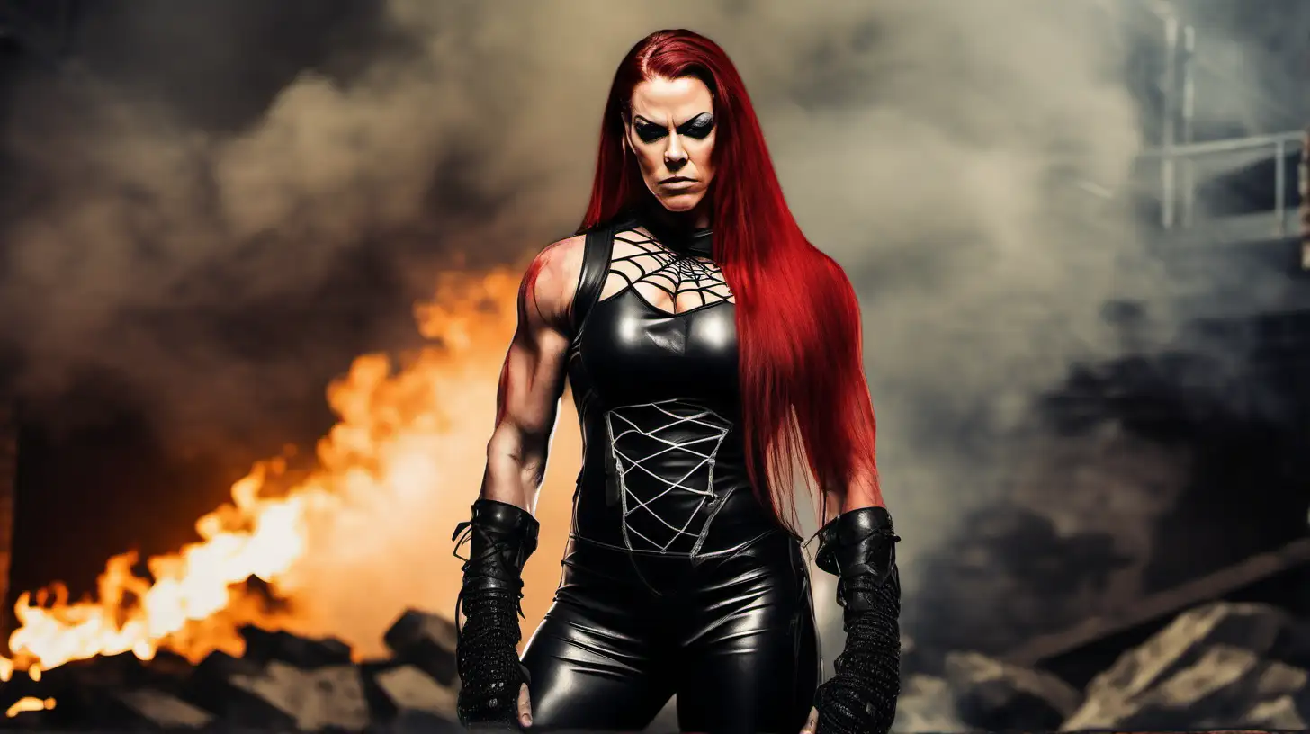 Extremely muscular red haired female wearing a black leather catsuit with spider web cutouts in the middle standing in a basement room with rock walls flexing her biceps

big pro female amazon warrior pro wrestler chyna with huge muscles and black hair in a single braid wearing sleeveless golden armor standing on a battlefield surrounded by smoke under a cloudy sky with flames burning in the background
