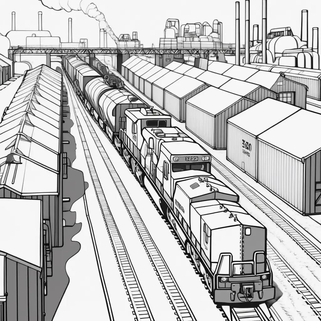 Industrial Cargo Train in High Definition Black and White Coloring Page